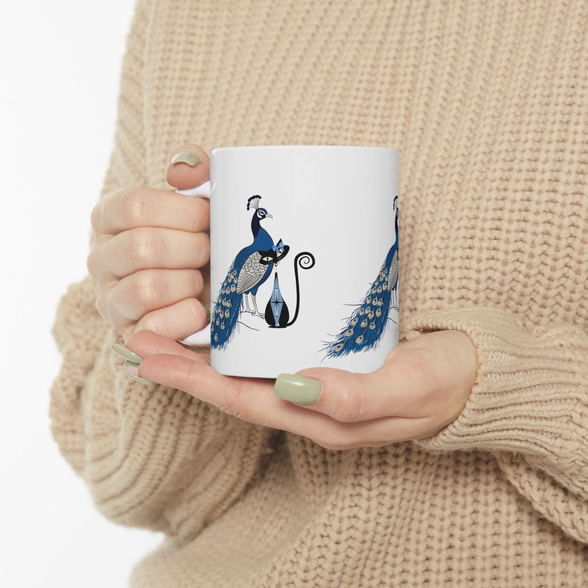 Atomic Cat Mug Blue Chinoiserie Peacock MCM Black Cat Mug Vintage Inspired Gift Elegant Peacock Ceramic Mug - Mid Century Modern Gal
