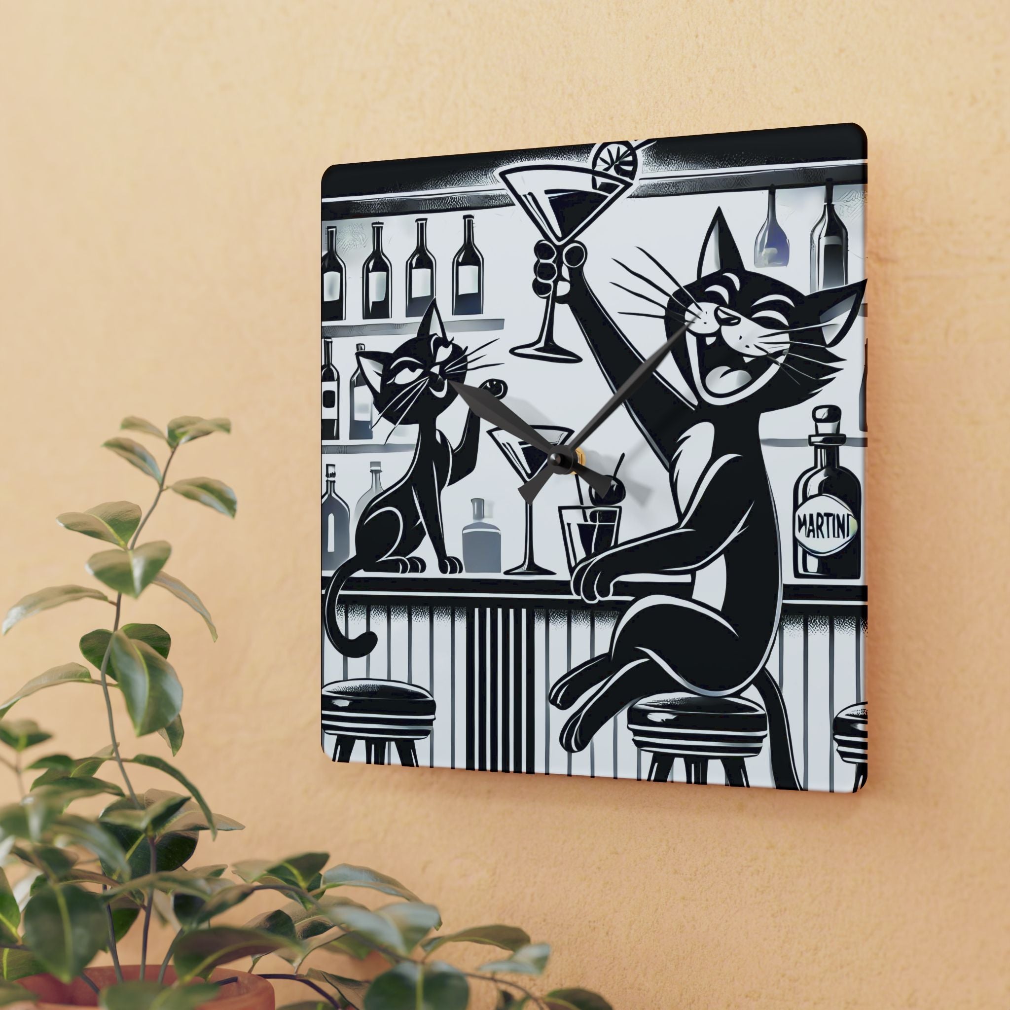 Atomic Cat Mid Century Modern Bar, Kitschy Quirky Mod Acrylic Wall Clock - Mid Century Modern Gal
