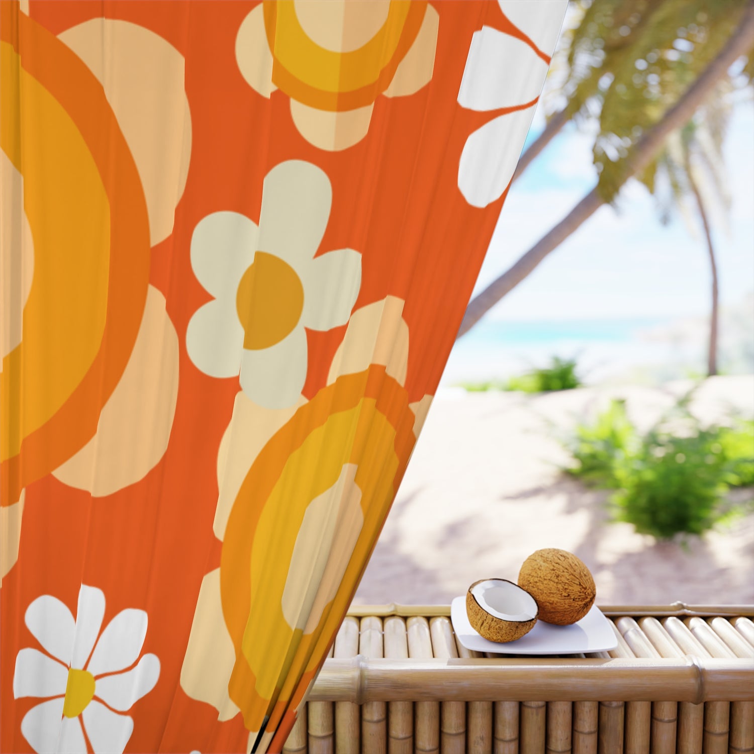 60s Vibes Flower Power Retro Window Curtain, Orange, Yellow, Mod Daisy Hippie Chick Decor - Mid Century Modern Gal