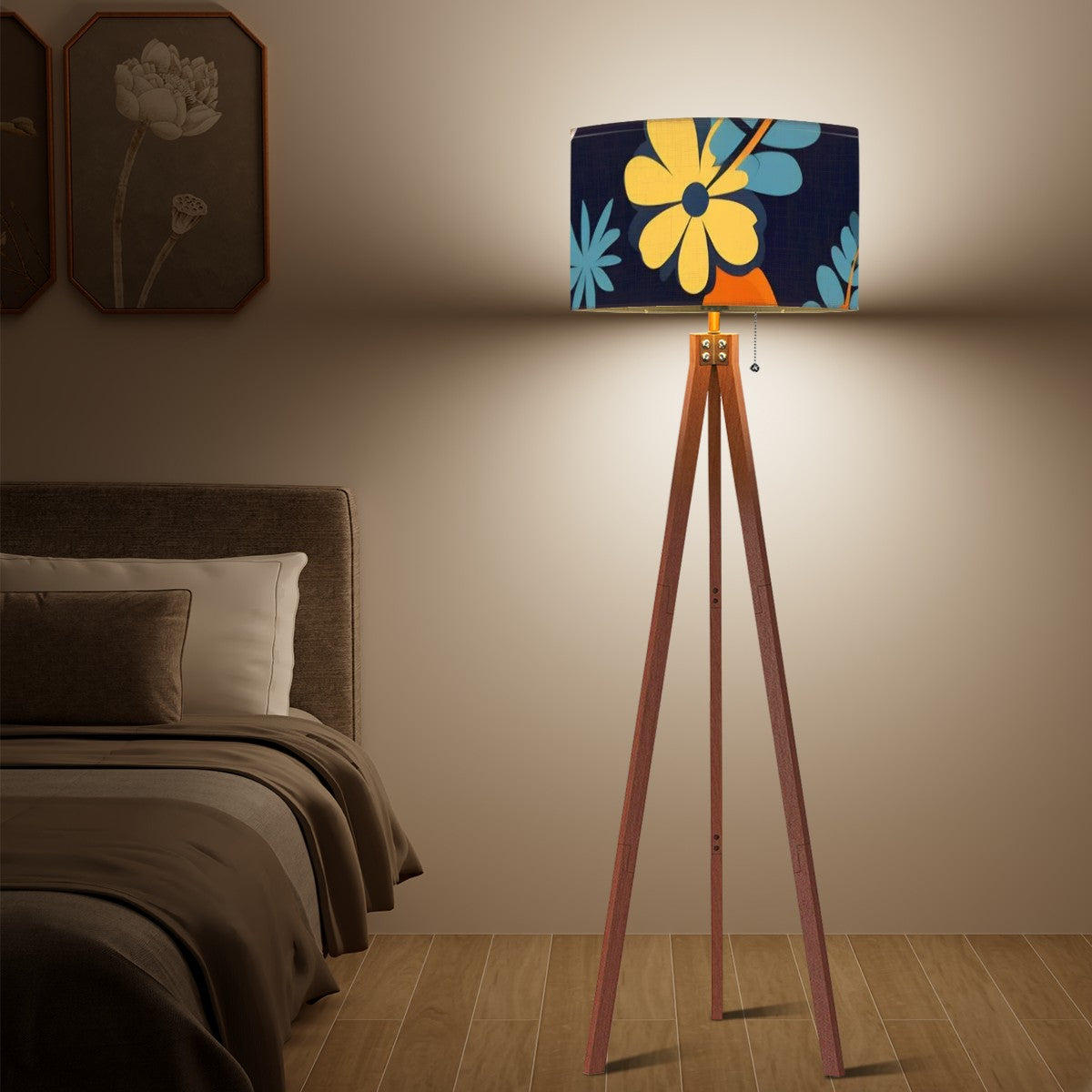 Royal Blue Boho Floral Retro Mod Tripod Floor Lamp - Mid Century Modern Gal
