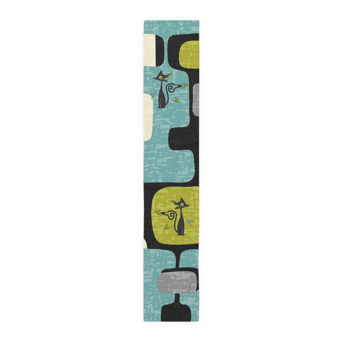 Mid Century Modern Table Runner, Atomic Kitties, Black Cats, Boomerangs Geometric Designed, Aqua, Green, Blue, Black, MCM Table Runner - Mid Century Modern Gal