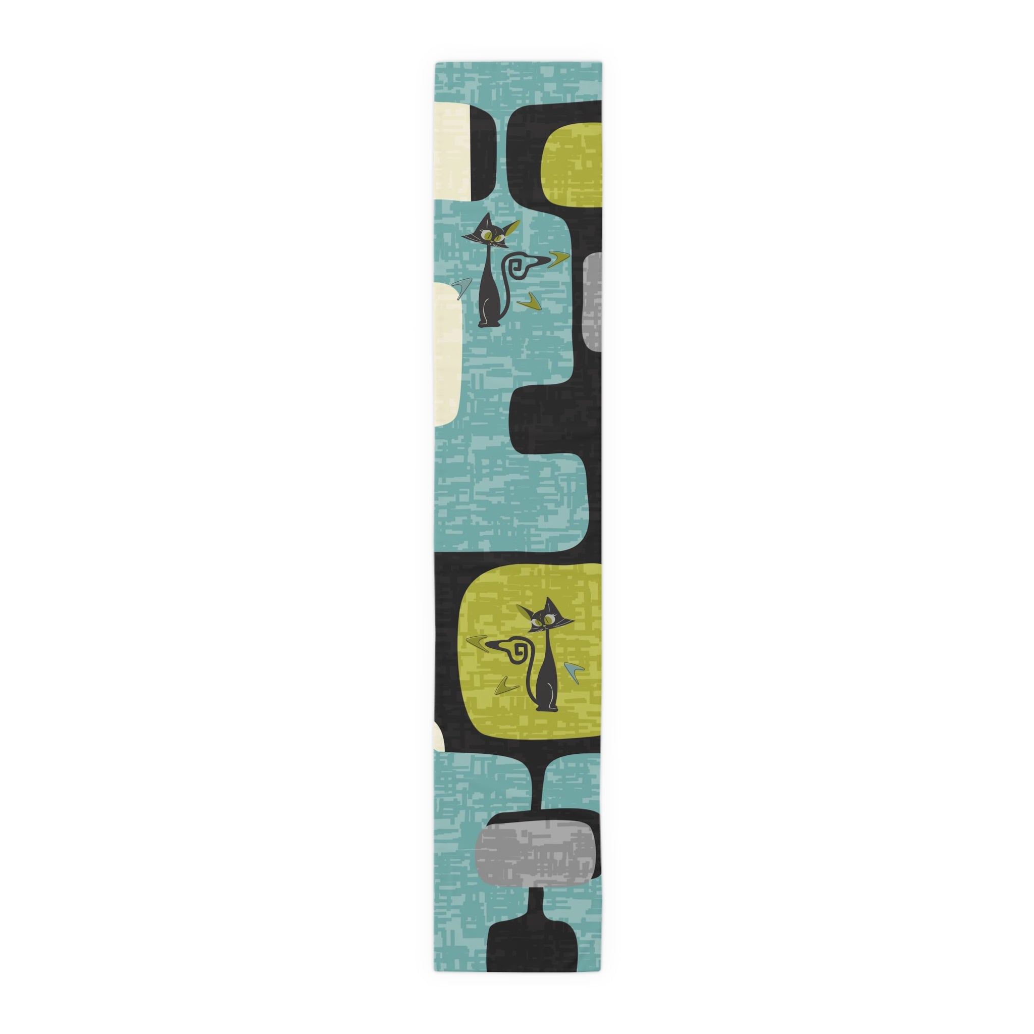 Mid Century Modern Table Runner, Atomic Kitties, Black Cats, Boomerangs Geometric Designed, Aqua, Green, Blue, Black, MCM Table Runner - Mid Century Modern Gal