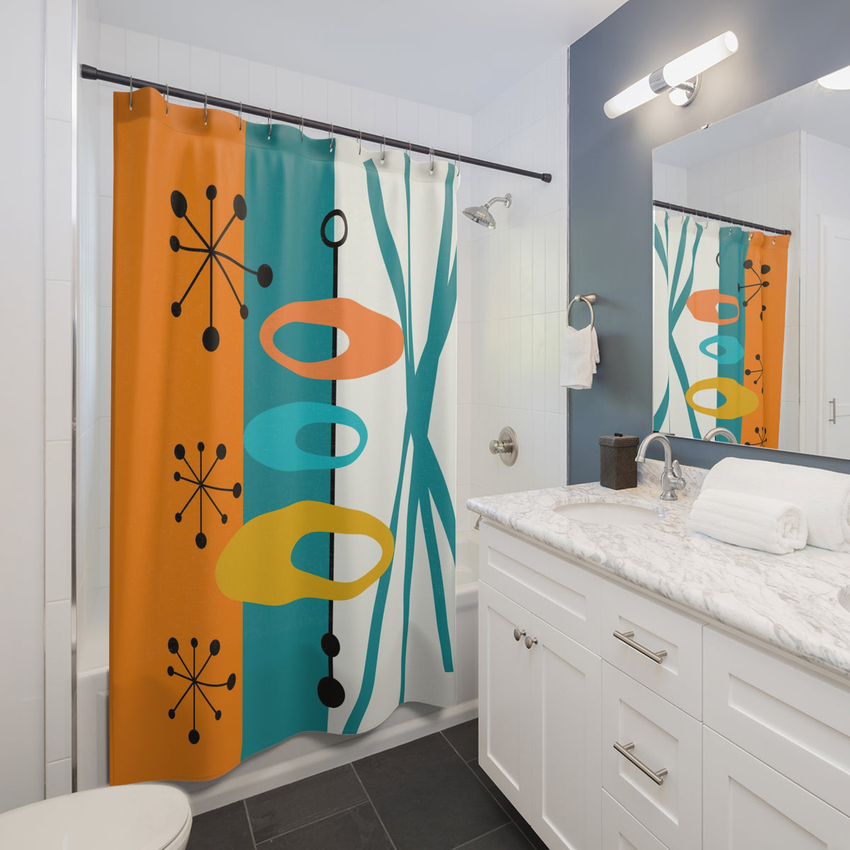 Mid-Century Modern Shower Curtain - Vibrant Orange, Teal Retro Design for Chic Bathrooms - Mid Century Modern Gal