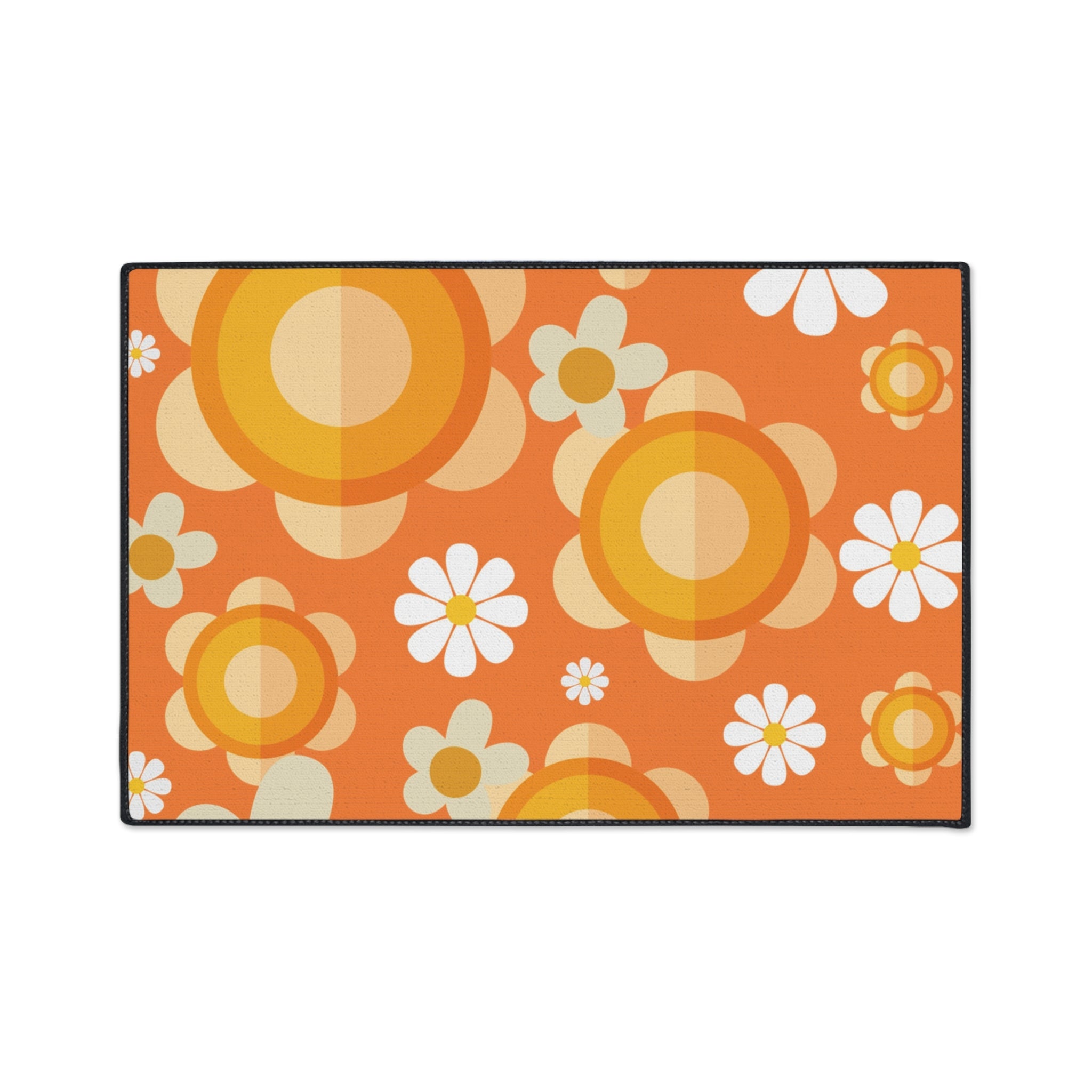 Retro Floral Orange, White Mod Daisy Heavy Duty Floor Mat - Ideal for Home Décor and Entryways - Mid Century Modern Gal