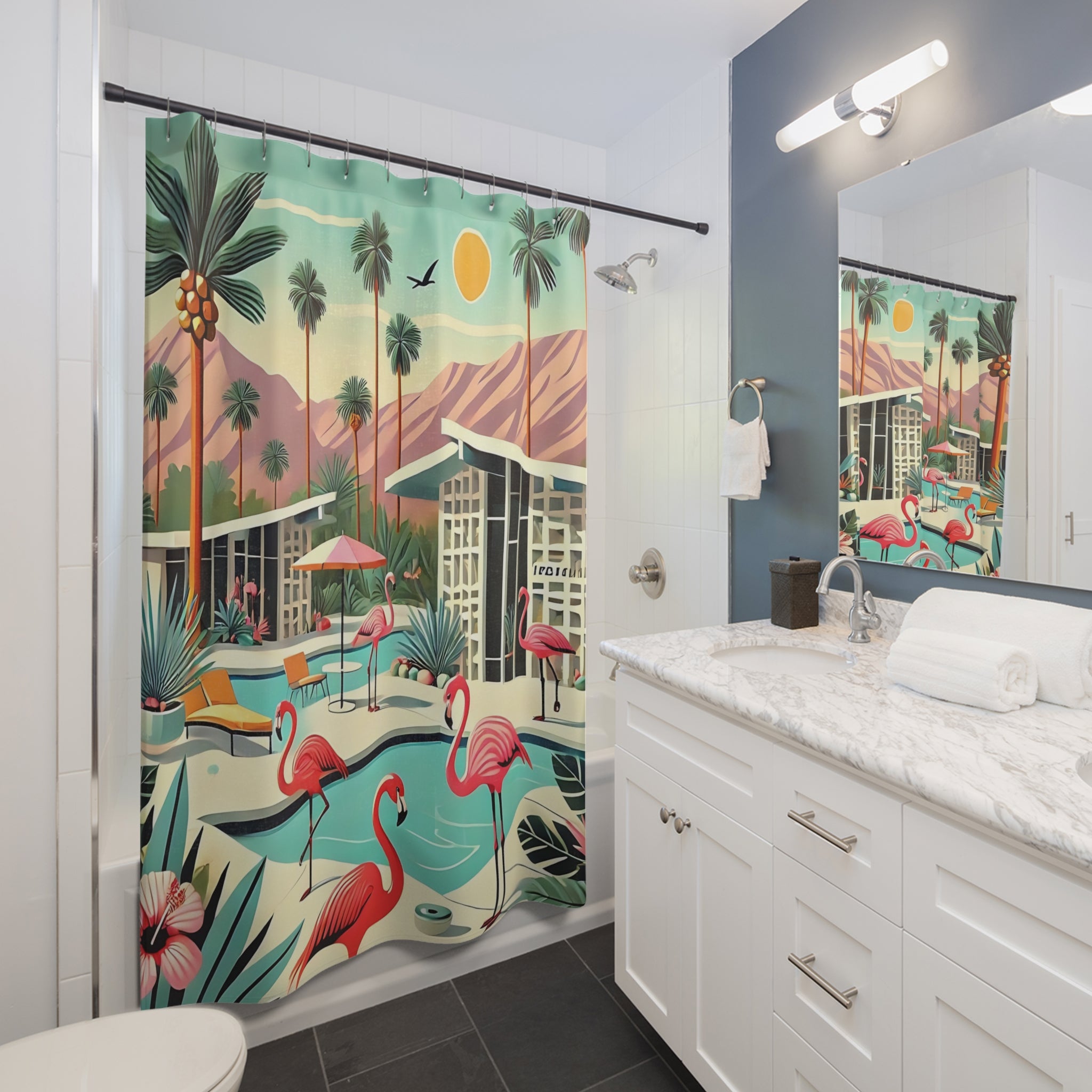 Mid Century Modern 50s Tropical Flamingo Shower Curtains - Mid-Century Modern Bathroom Décor - Mid Century Modern Gal