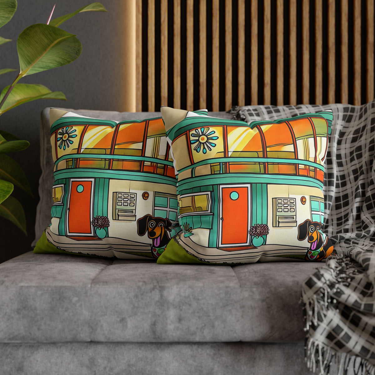 Doxie Dog Dwelling, Kitschy Mid Century Modern Pillow COVER Only - Mid Century Modern Gal