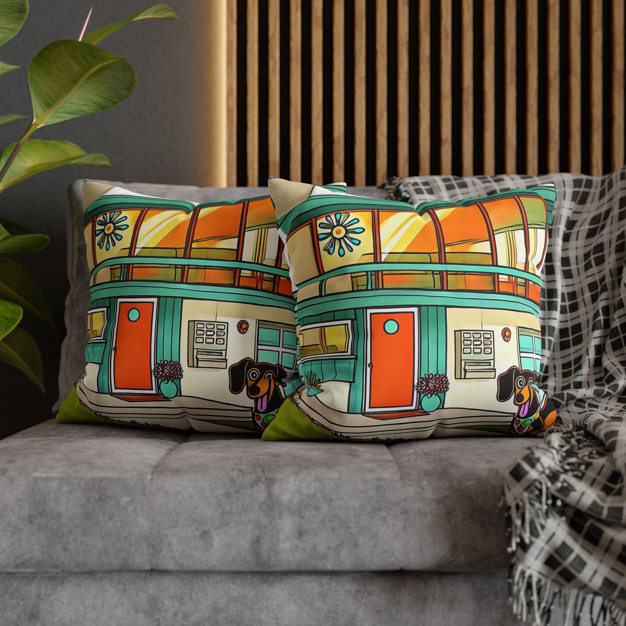 Doxie Dog Dwelling, Kitschy Mid Century Modern Pillow COVER Only - Mid Century Modern Gal