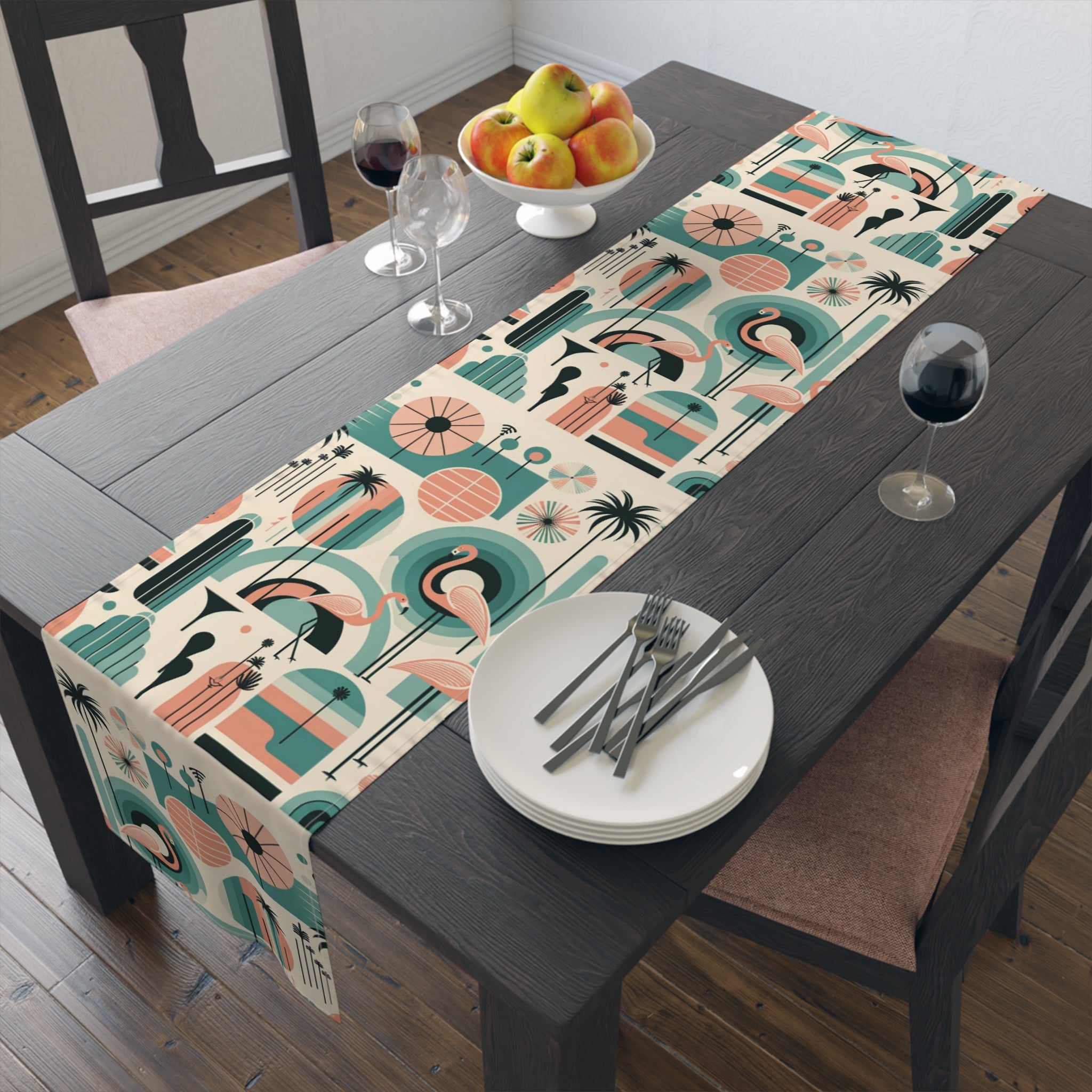 Palm Springs California Flamingo Mid Century Modern Pink, Aqua, MCM Table Runner - Mid Century Modern Gal