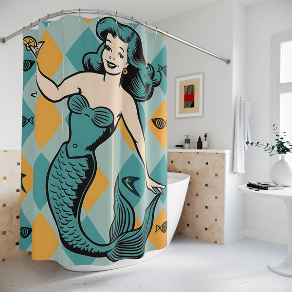 Retro Mermaid Kitschy Mod Shower Curtain - Vintage Art Decor for Nautical Bathrooms