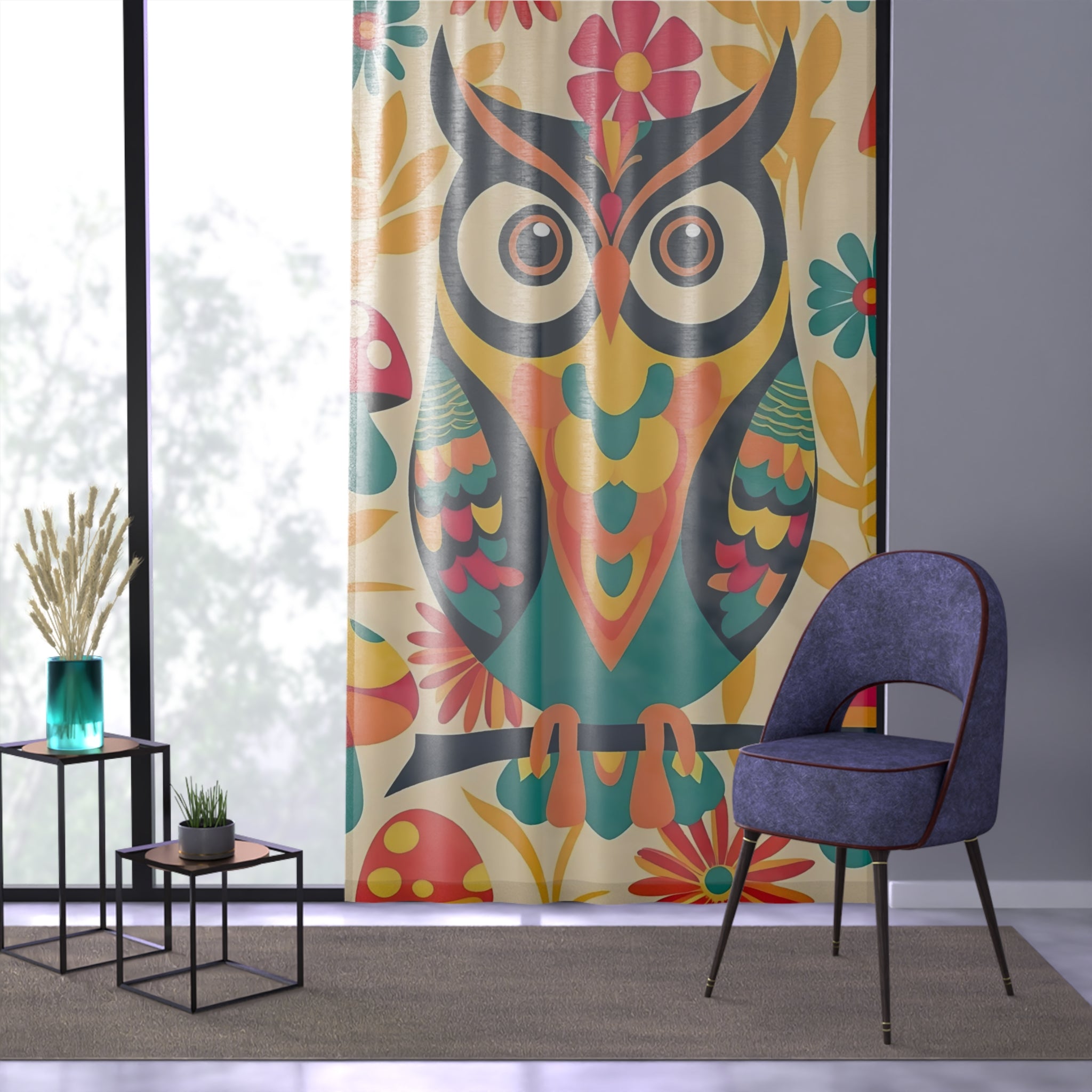 Retro 70s Owl Decor, Colorful Musrhoom Groovy Owl Window Curtain - Vibrant Floral Design for Home Décor - Mid Century Modern Gal