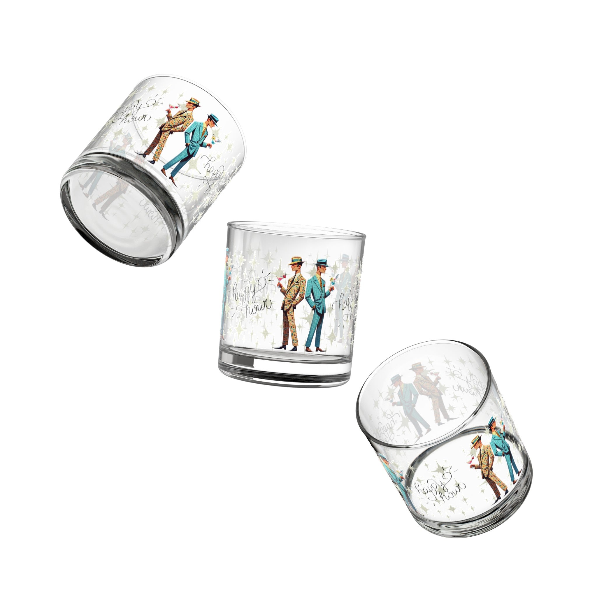 Mid Century Dapper Dudes, Gay Male Couple, Atomic Starburst Happy Hour Rock Glass, 10oz - Mid Century Modern Gal