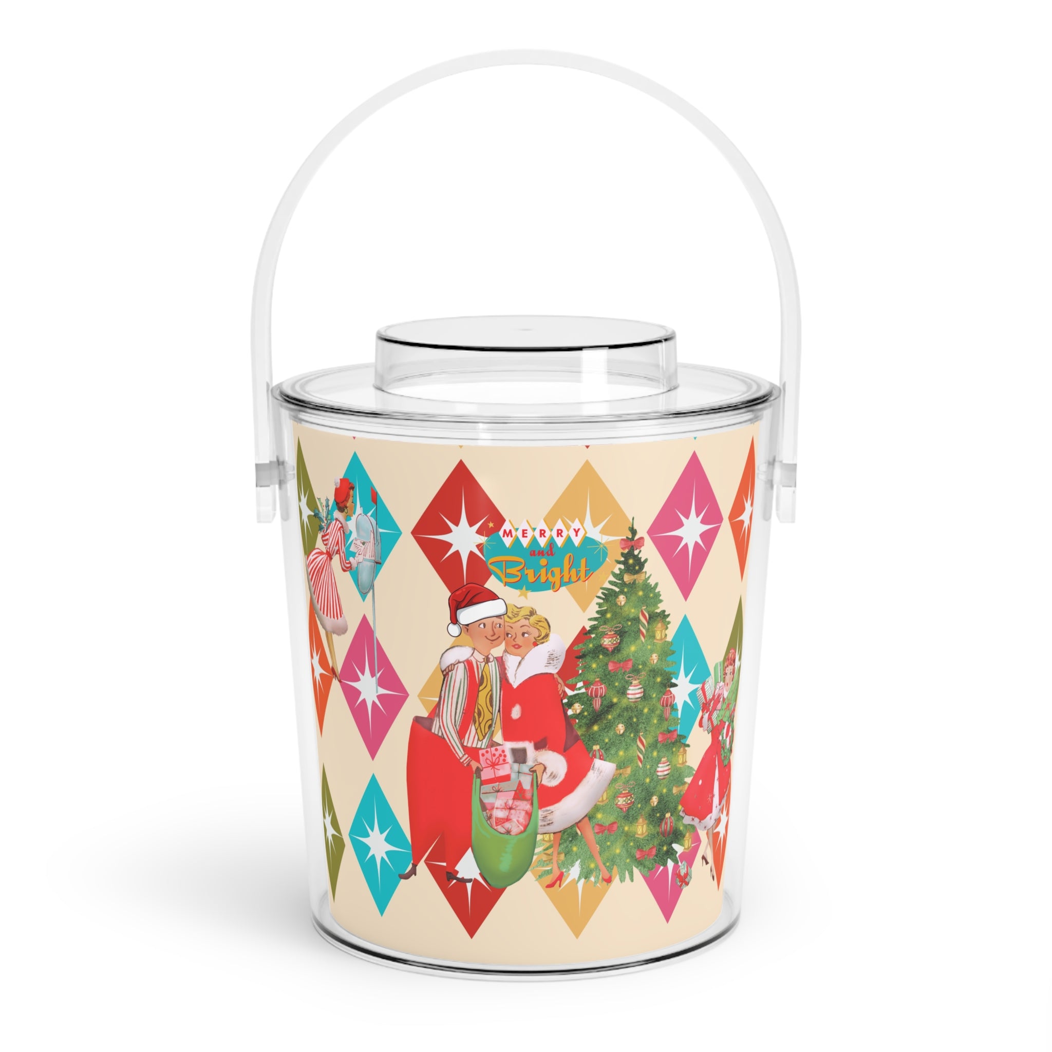 Vintage Holiday Ice Bucket with Tongs, Retro Christmas Barware, Festive Drink Chiller, Holiday Party Essential, Gift for Hosts - Mid Century Modern Gal