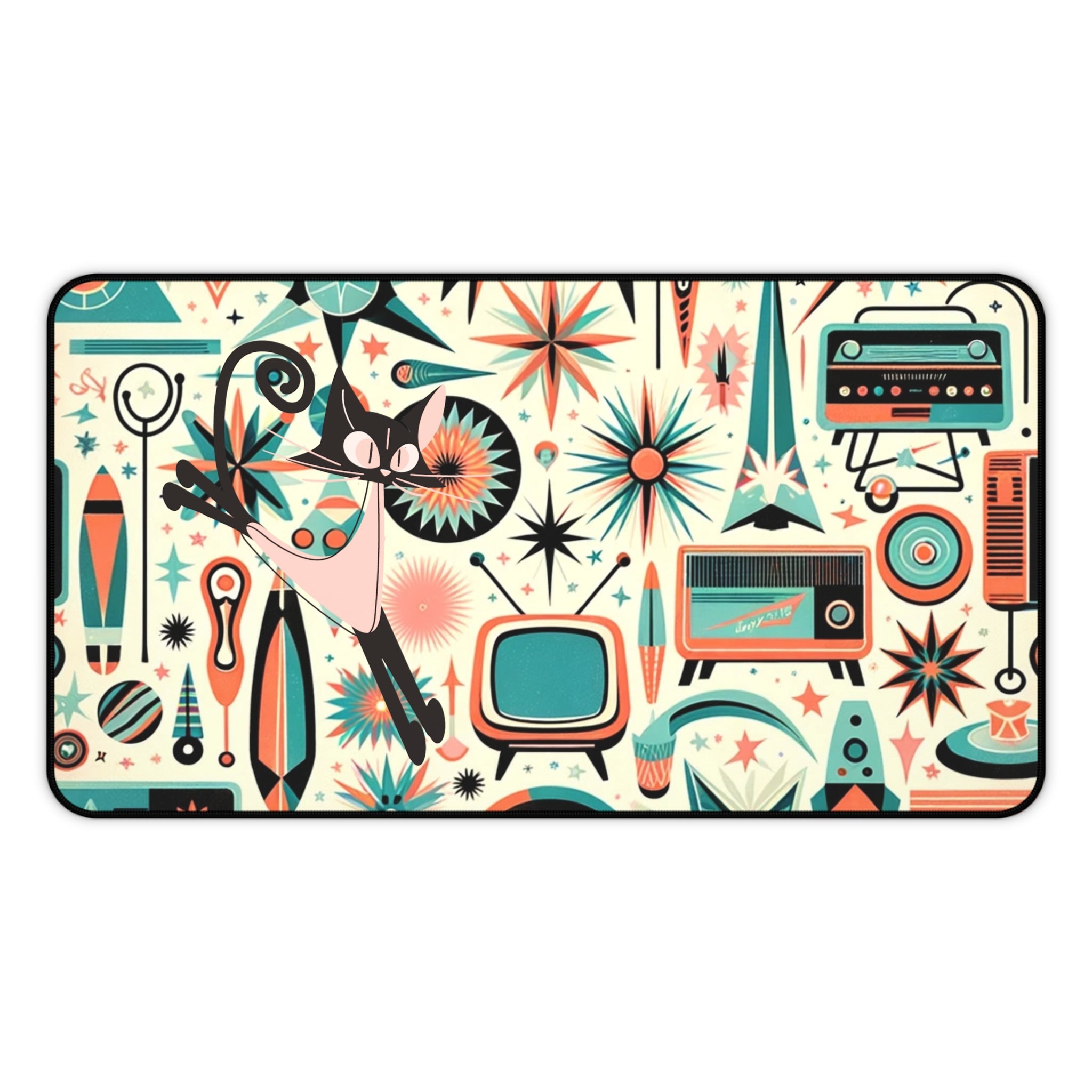 Atomic Space Cat Mid Century Modern Aqua Coral, Kitschy Desk Mat - Mid Century Modern Gal