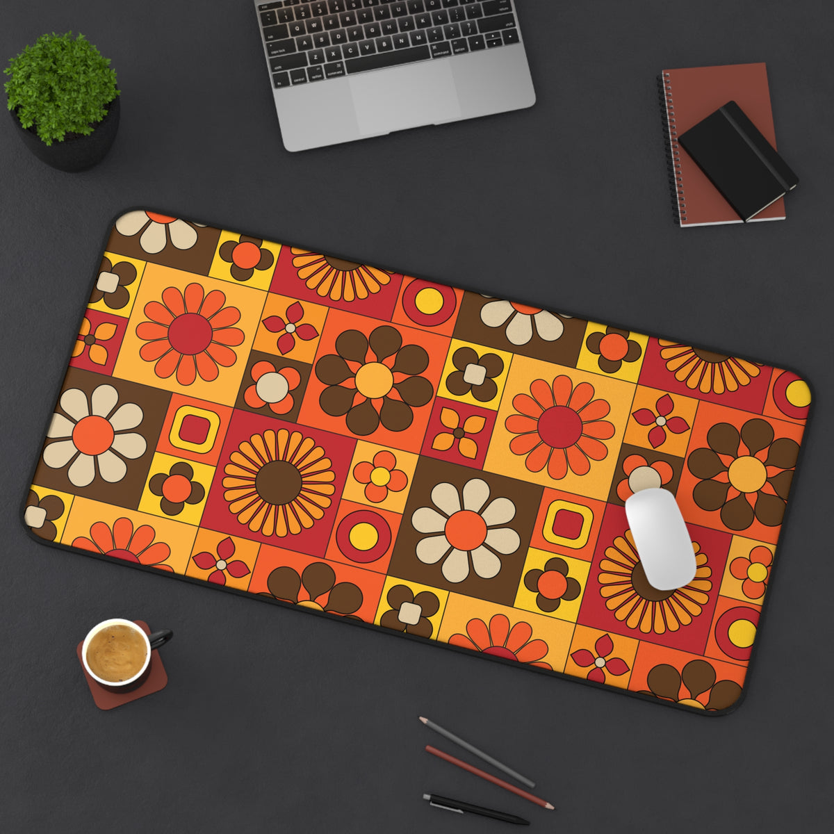 Retro Floral Flower Power Desk Mat - Vibrant and Stylish Mid Mod Desk Decor - Mid Century Modern Gal