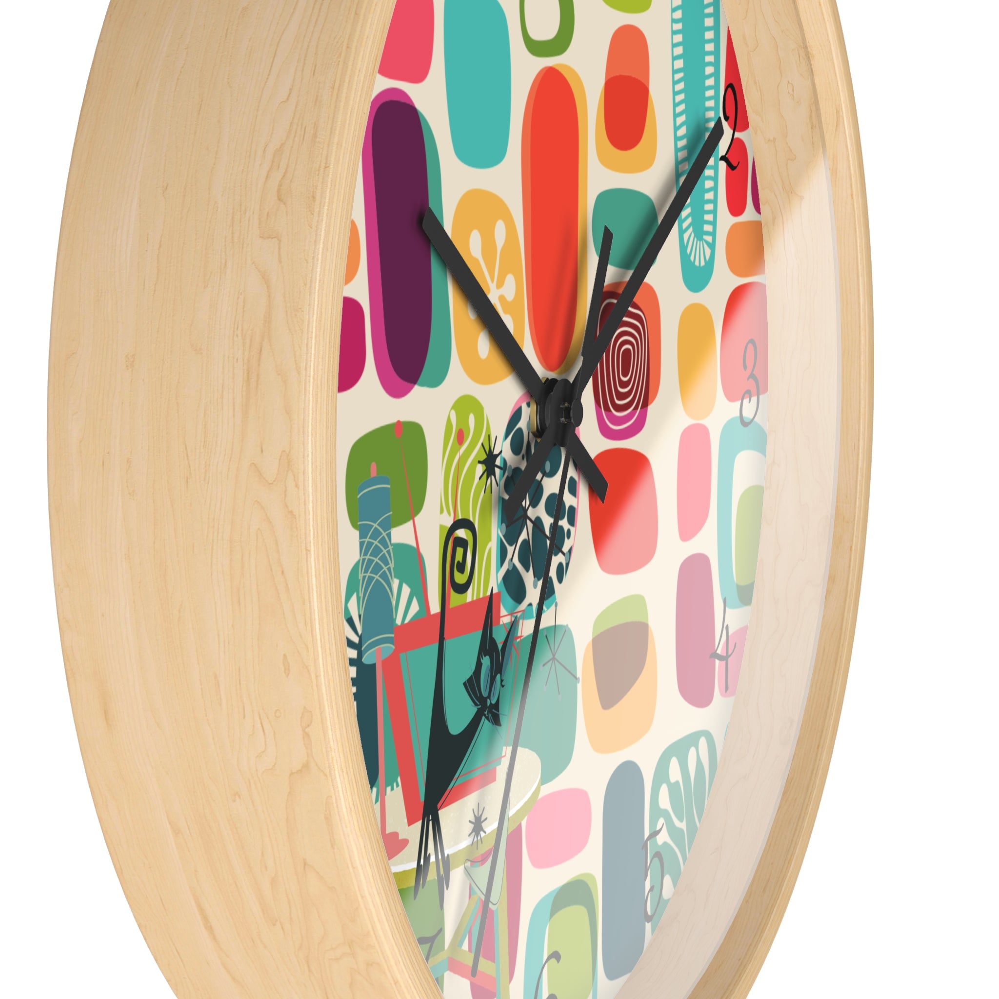 Mid Mod Amoeba Design With Kitschy Atomic Cat, Quirky Fun Retro Wall Clock - Mid Century Modern Gal