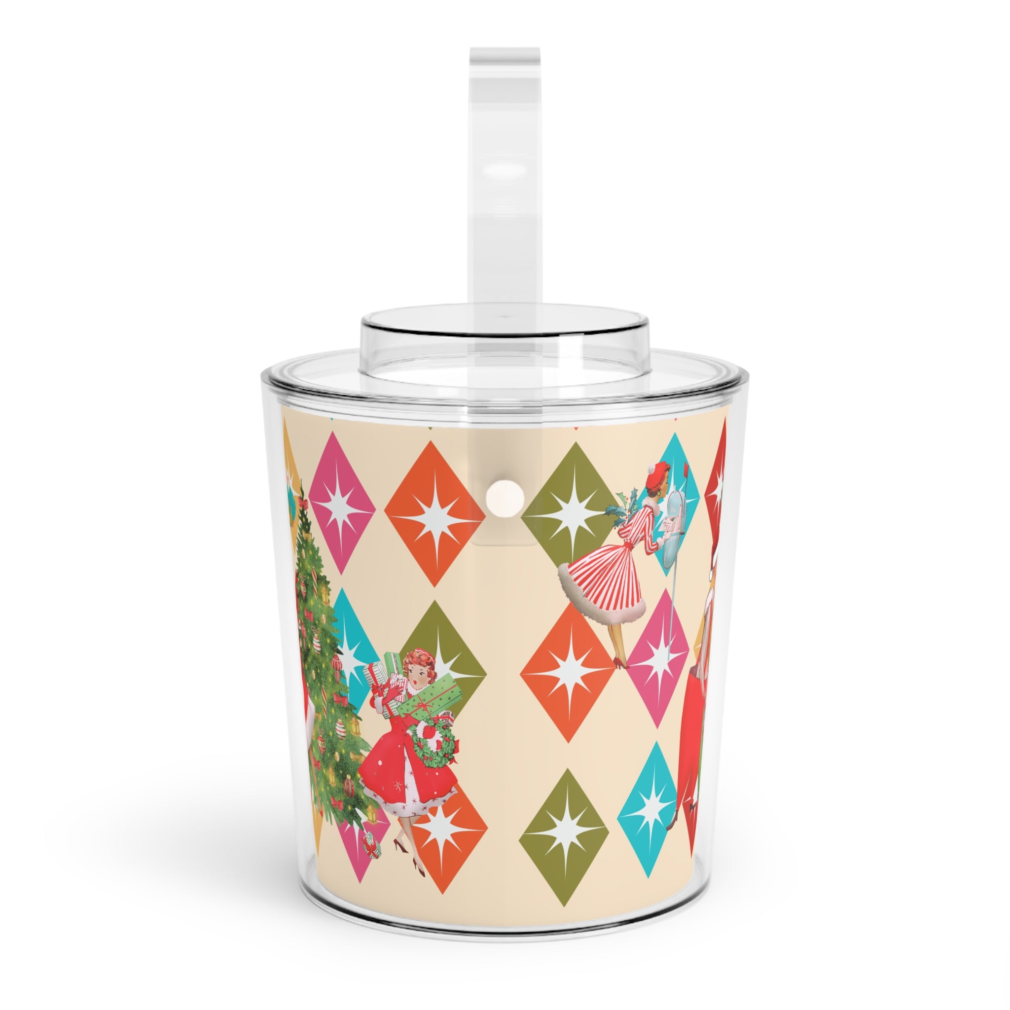 Vintage Holiday Ice Bucket with Tongs, Retro Christmas Barware, Festive Drink Chiller, Holiday Party Essential, Gift for Hosts - Mid Century Modern Gal
