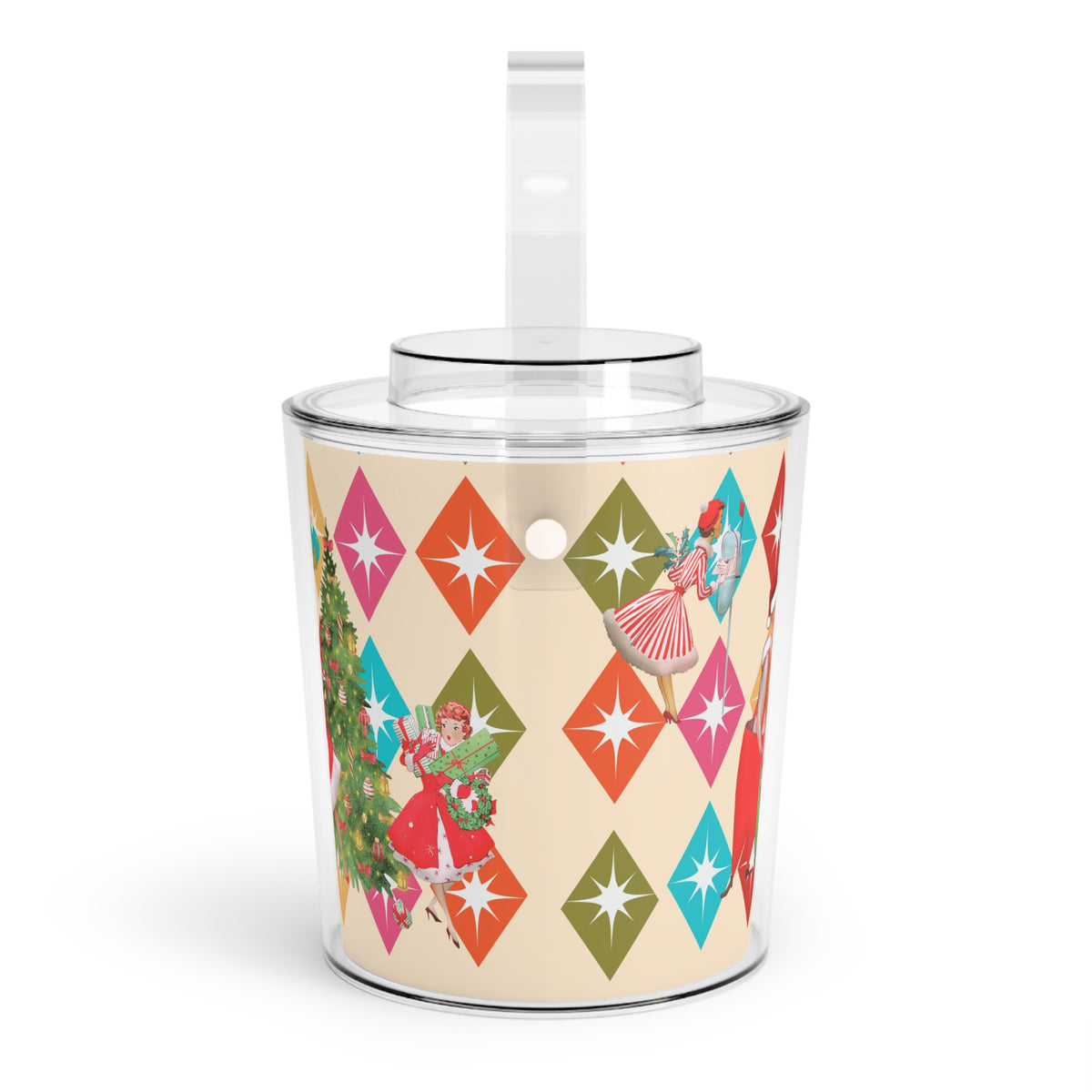 Vintage Holiday Ice Bucket with Tongs, Retro Christmas Barware, Festive Drink Chiller, Holiday Party Essential, Gift for Hosts - Mid Century Modern Gal