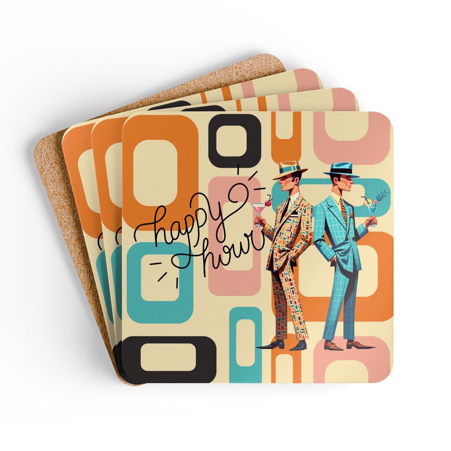 Mid Century Modern Gay Male Pride, Kitschy Fun Happy Hour Tabletop Corkwood Coaster Set - Mid Century Modern Gal