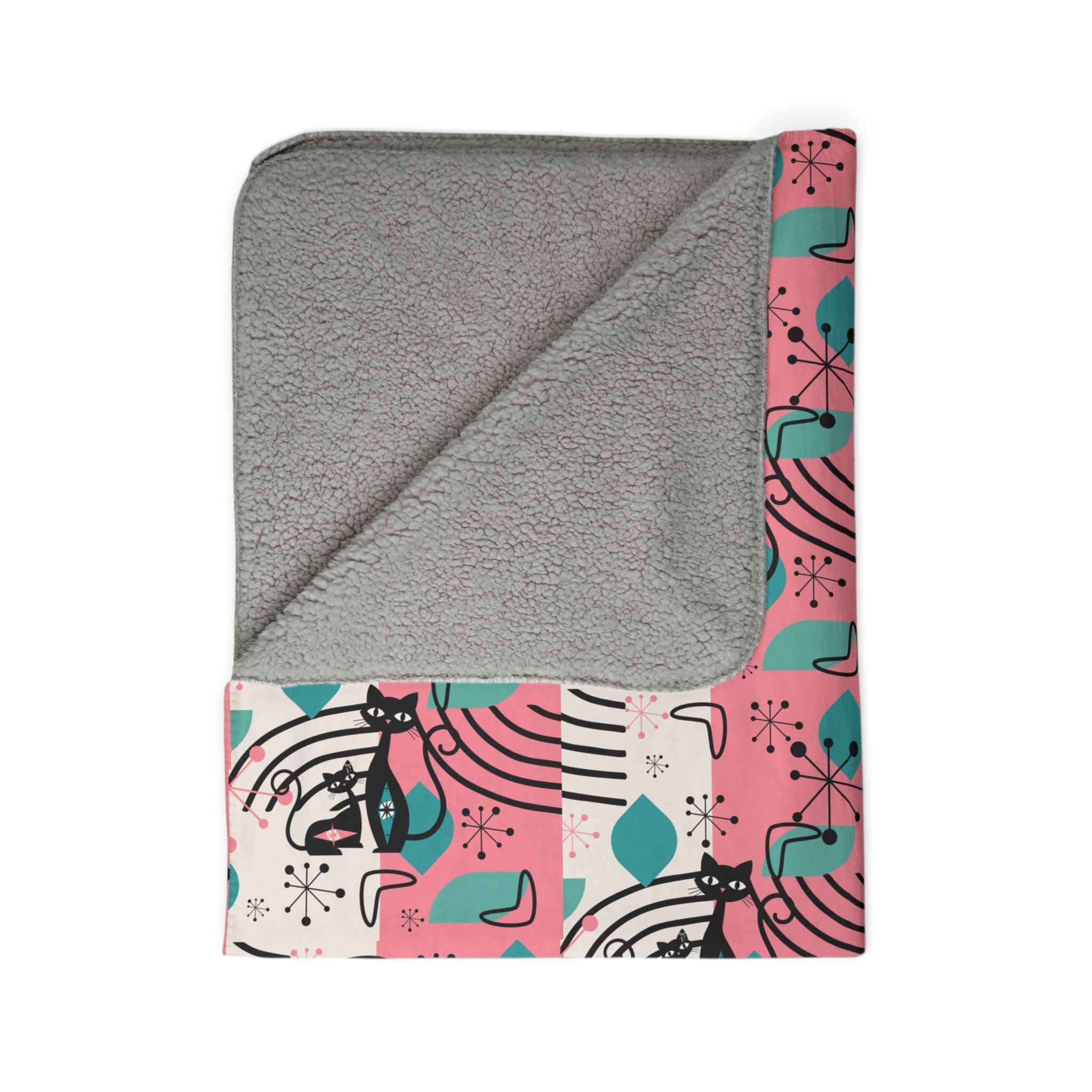 Mid-Century Modern Atomic Cat Pink Teal Retro Cat Fleece Sherpa Blanket - Cozy & Stylish - Mid Century Modern Gal