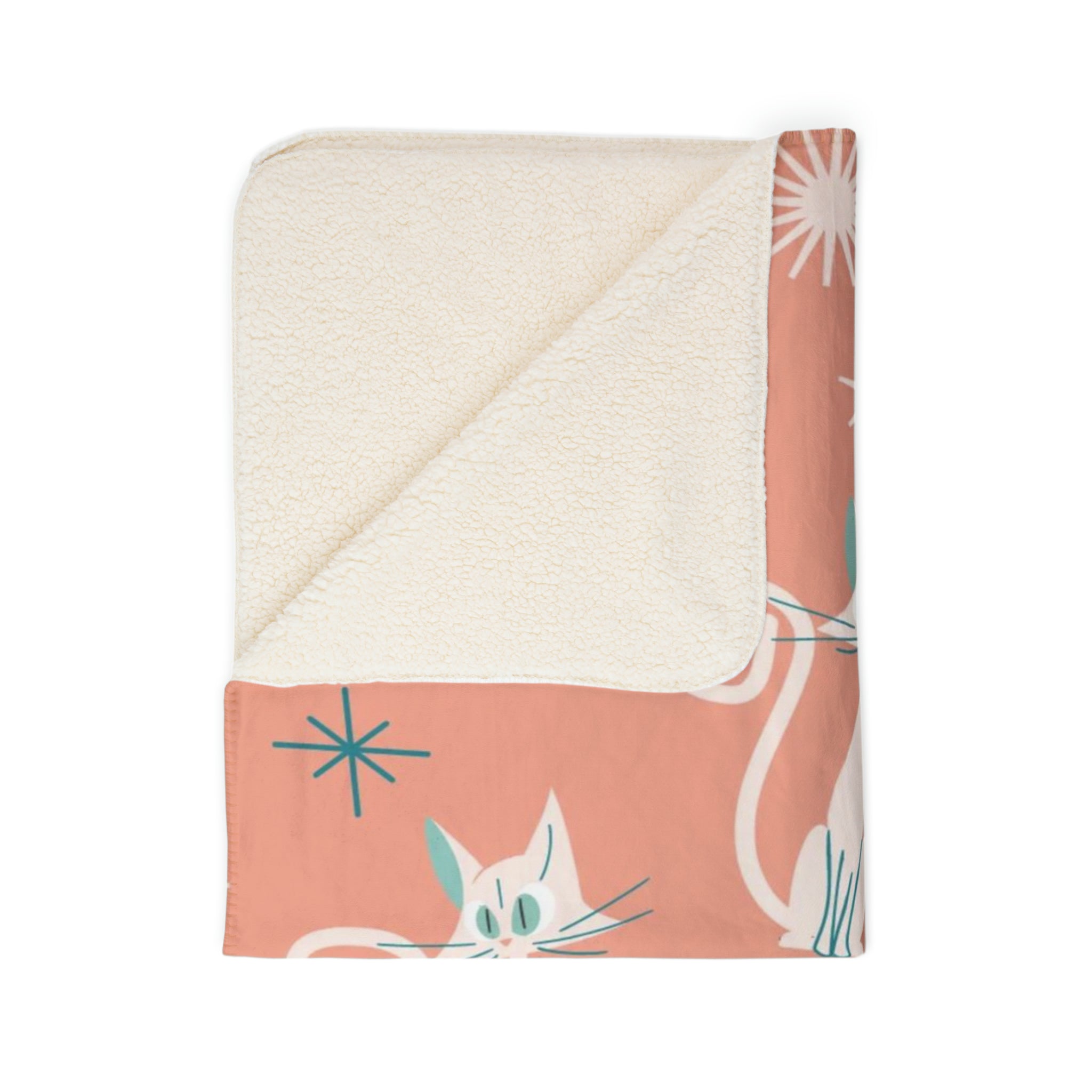 Cozy Cat, Atomic Cats, Coral, Teal Starburst Mid Century Modern Fleece Sherpa Blanket - Mid Century Modern Gal