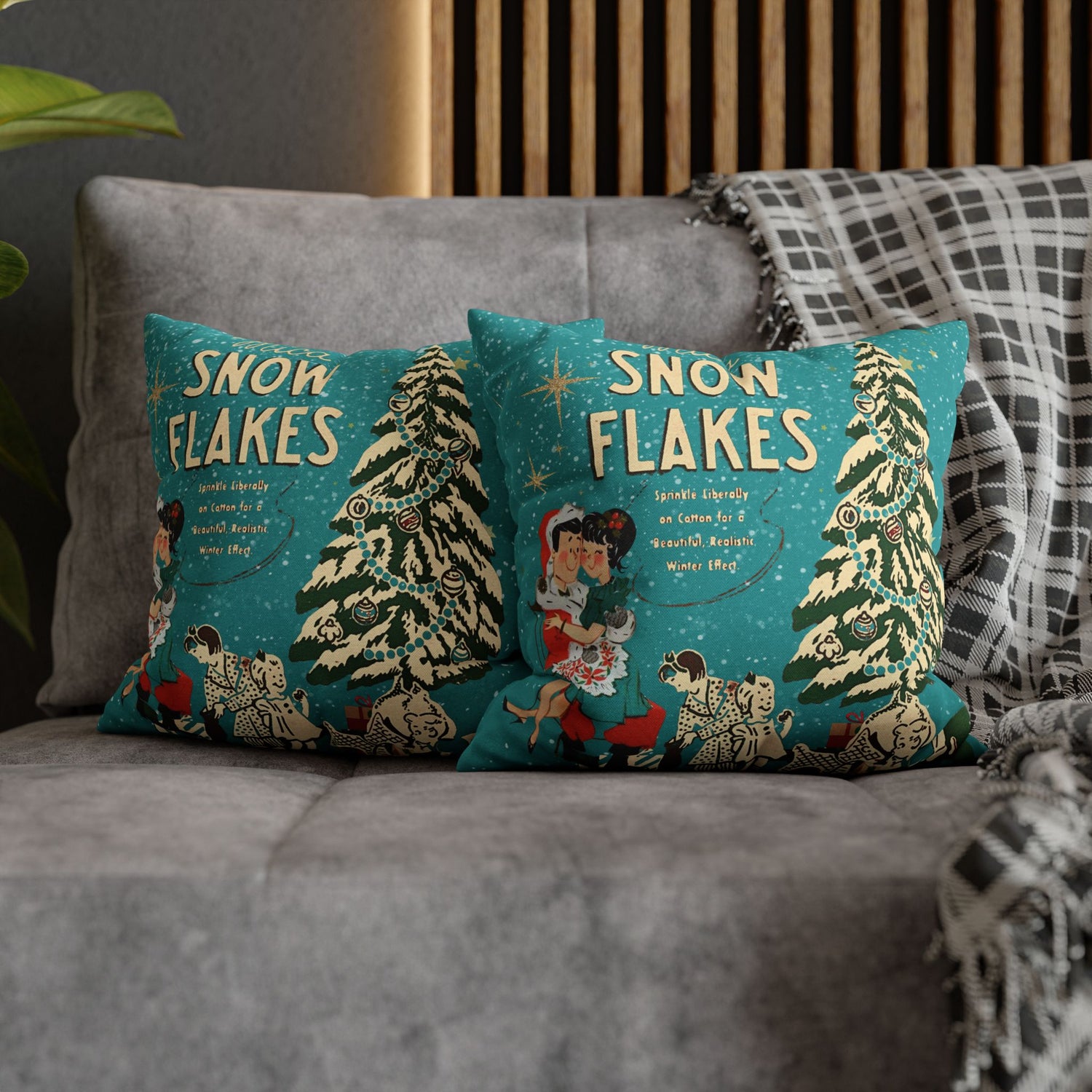 50s Mica Snow Christmas Pillow, Kitschy Mod Couple, Festive Fun Pillow Cover - Mid Century Modern Gal