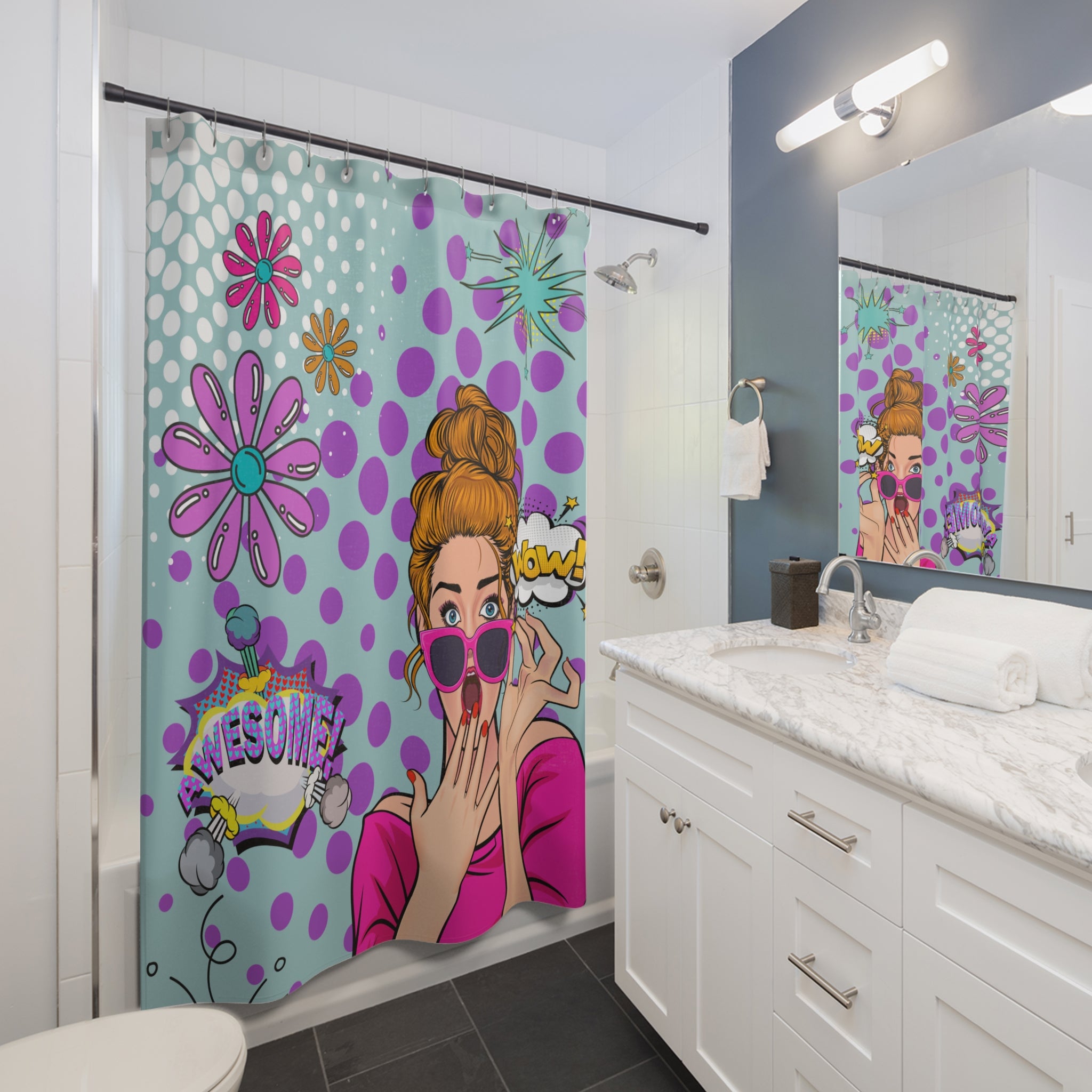 Pop Art Retro Gal Funky Bold Kitschy Shower Curtain - Mid Century Modern Gal