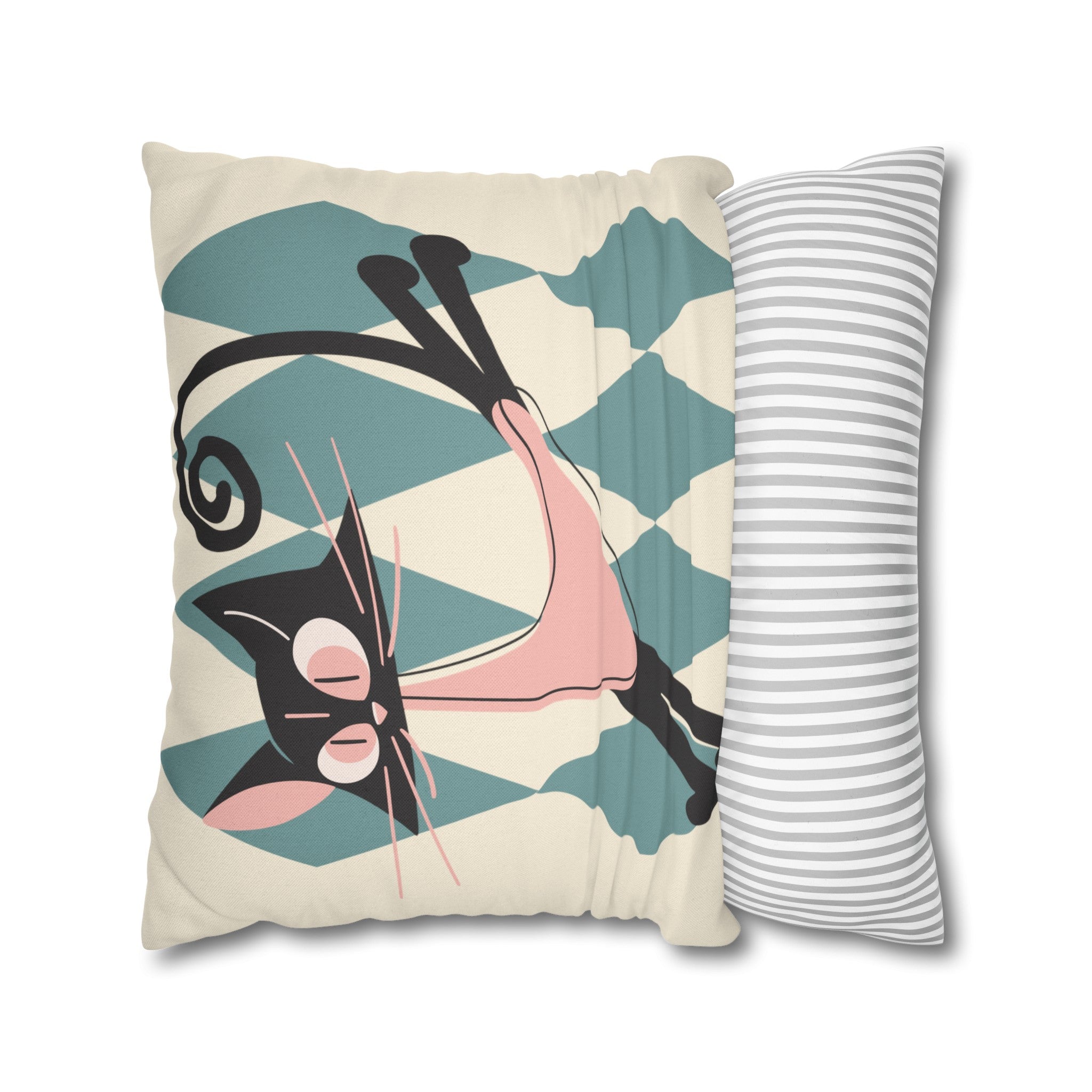 Atomic Kittie, Boomerang Mid Mod Atomic Cat, Harlequin Diamond Kitschy Pillow Cover - Mid Century Modern Gal