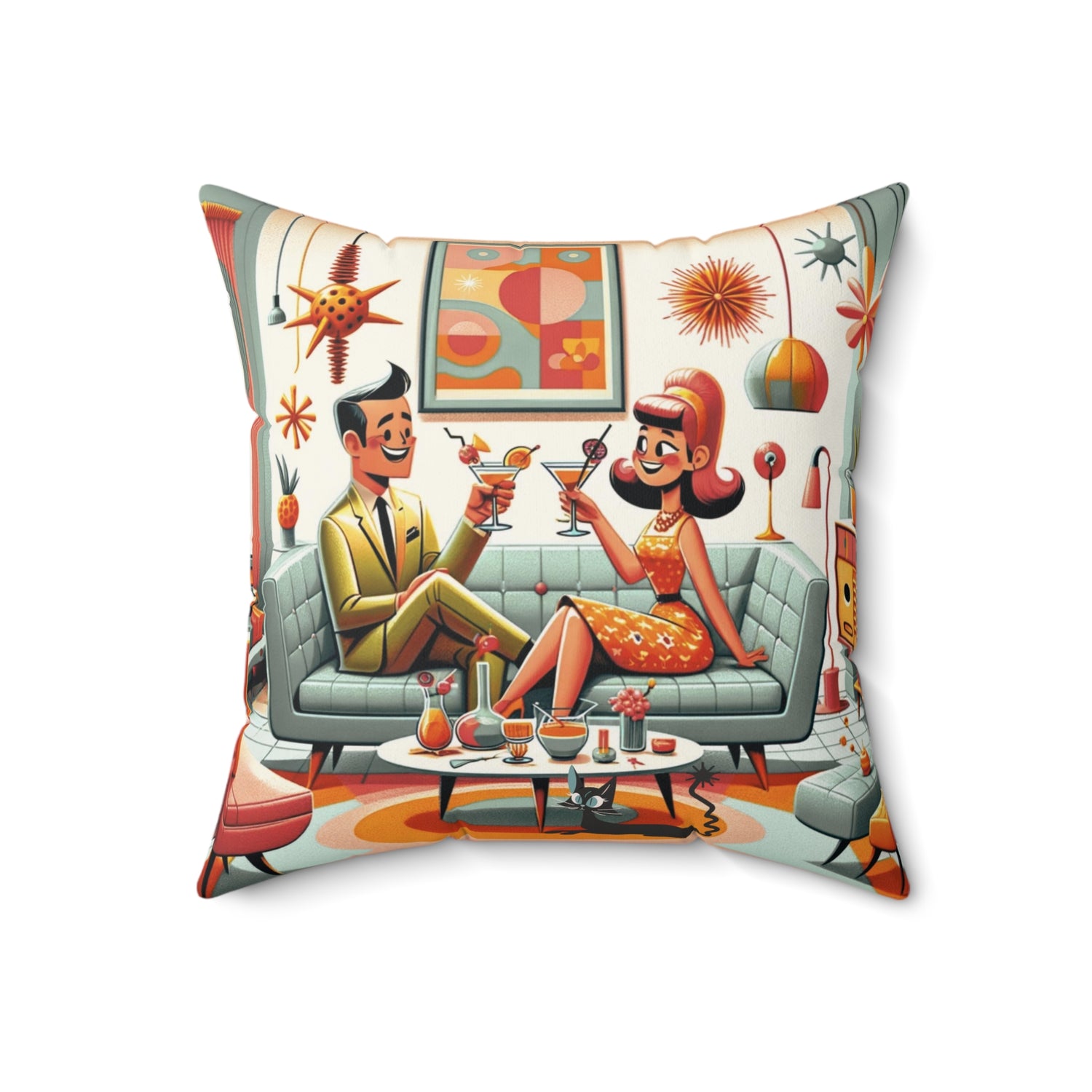 Mid Century Modern Coctail Kitschy 50d Pillow And Insert, With MCM Couple, Atomic Cat Pillow - Mid Century Modern Gal