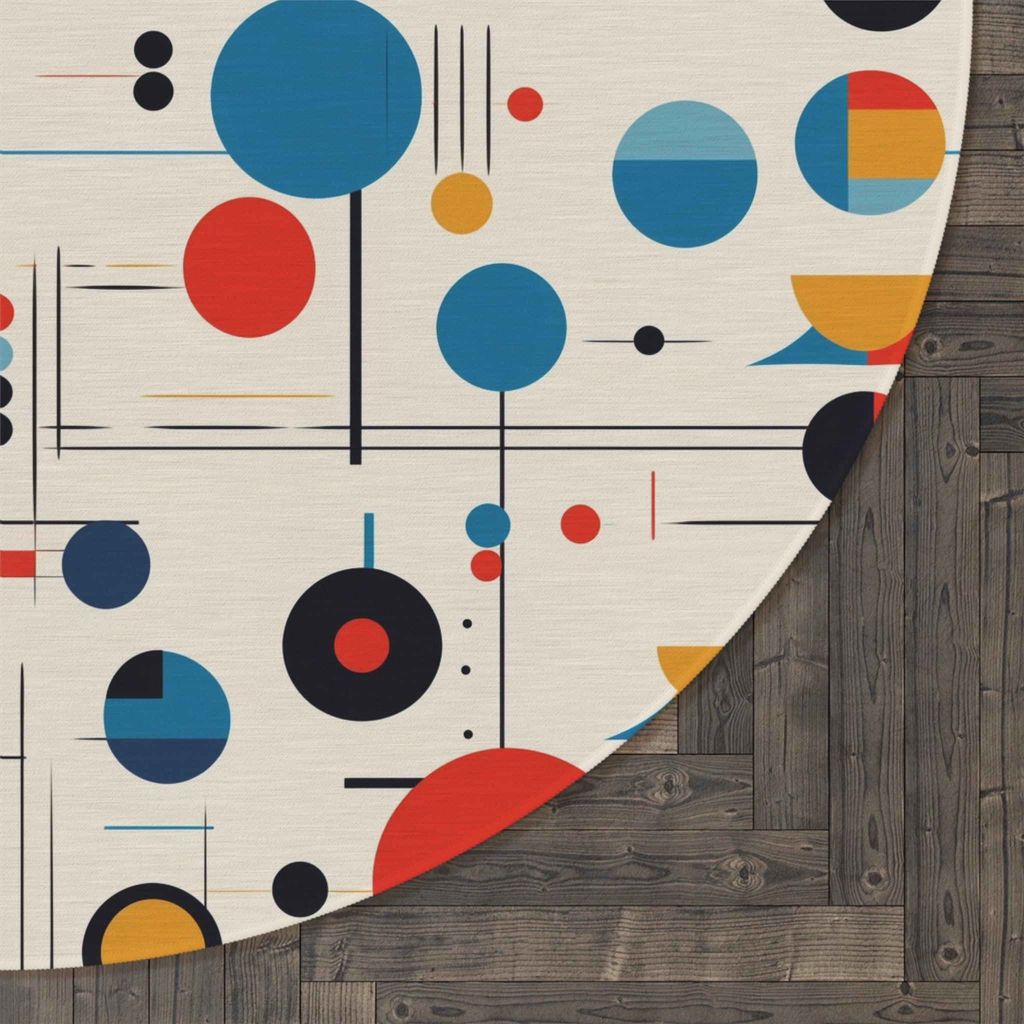 Bauhaus Geometric Linear Lines, Circles, Mid Mod Round Rug - Mid Century Modern Gal