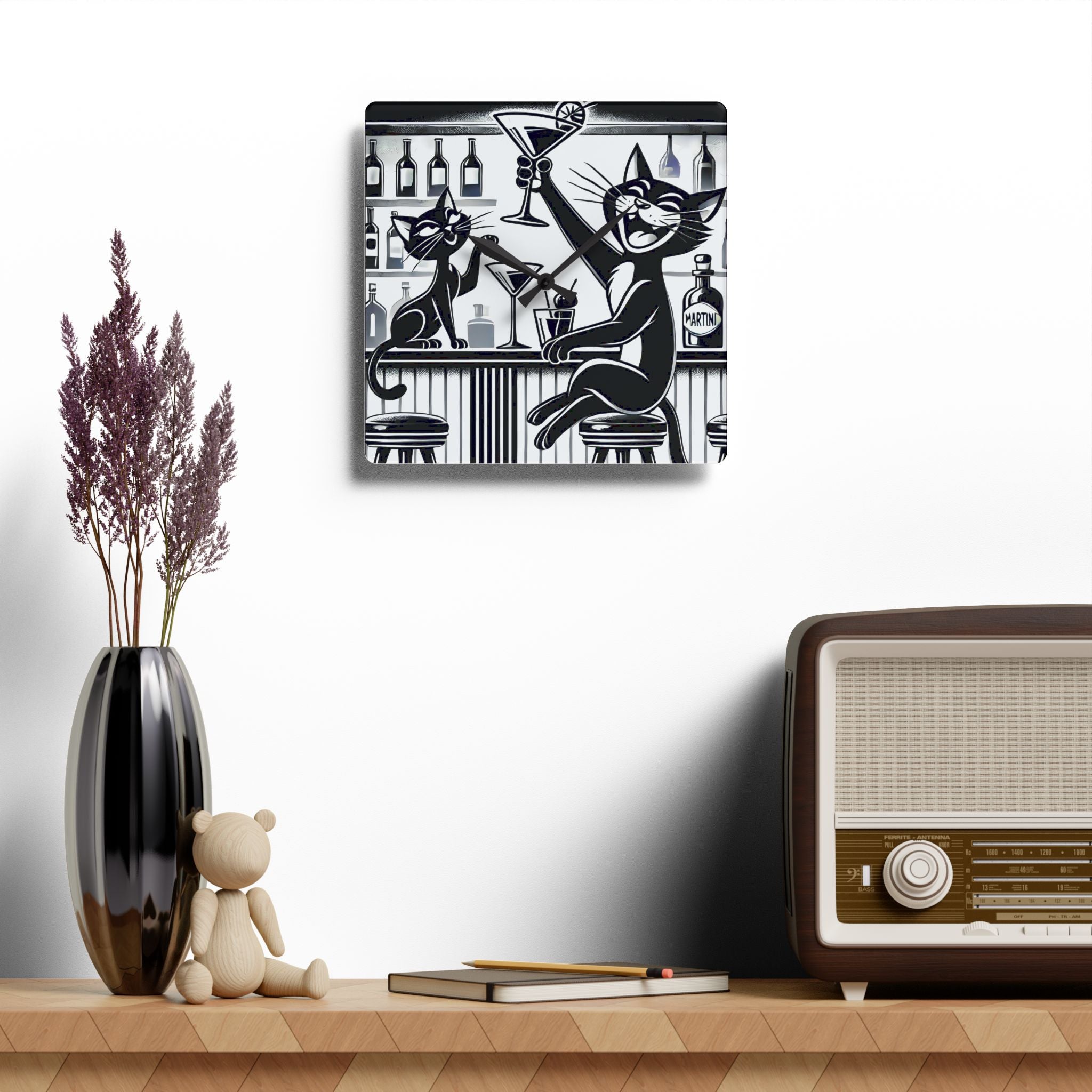 Atomic Cat Mid Century Modern Bar, Kitschy Quirky Mod Acrylic Wall Clock - Mid Century Modern Gal