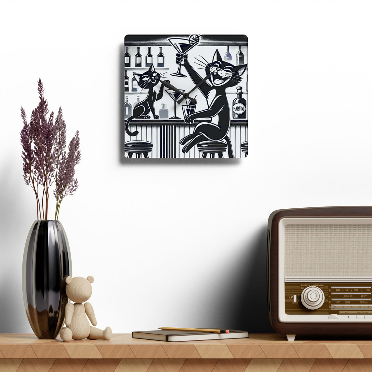Atomic Cat Mid Century Modern Bar, Kitschy Quirky Mod Acrylic Wall Clock - Mid Century Modern Gal