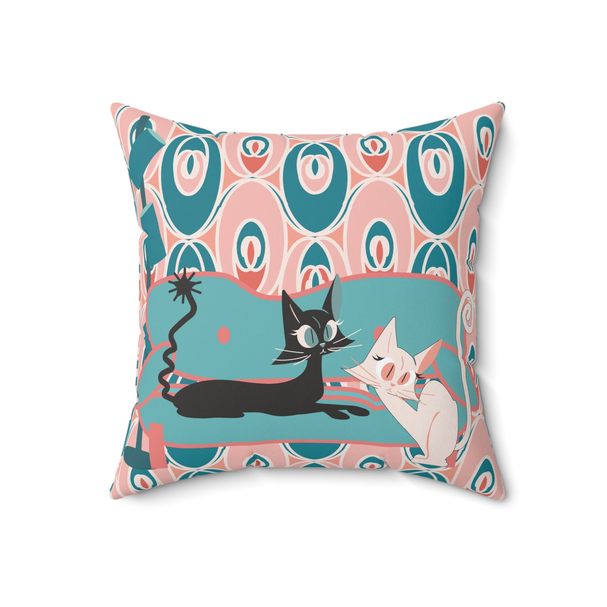 Atomic Black And White Kitty Cats, Mid Century Modern Teal Coral Pink, Kitschy Cute Pillow And Insert - Mid Century Modern Gal