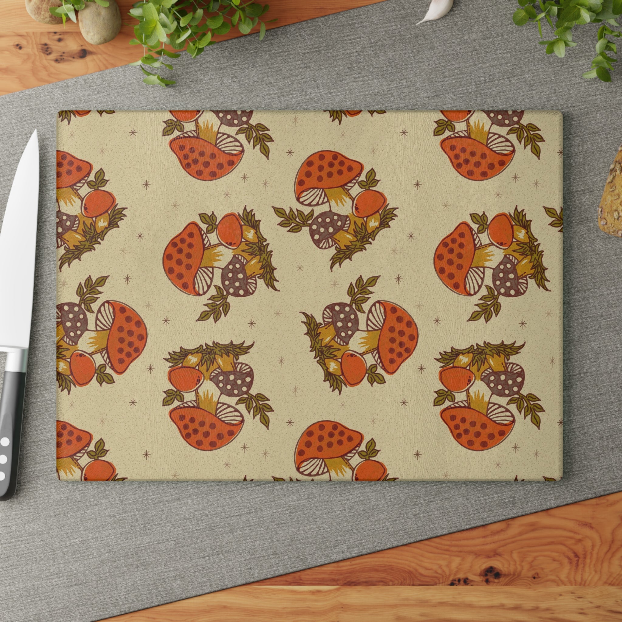 Vintage Merry Mushroom 70s Kitchen Glass Cutting Board - Mid Century Modern Gal