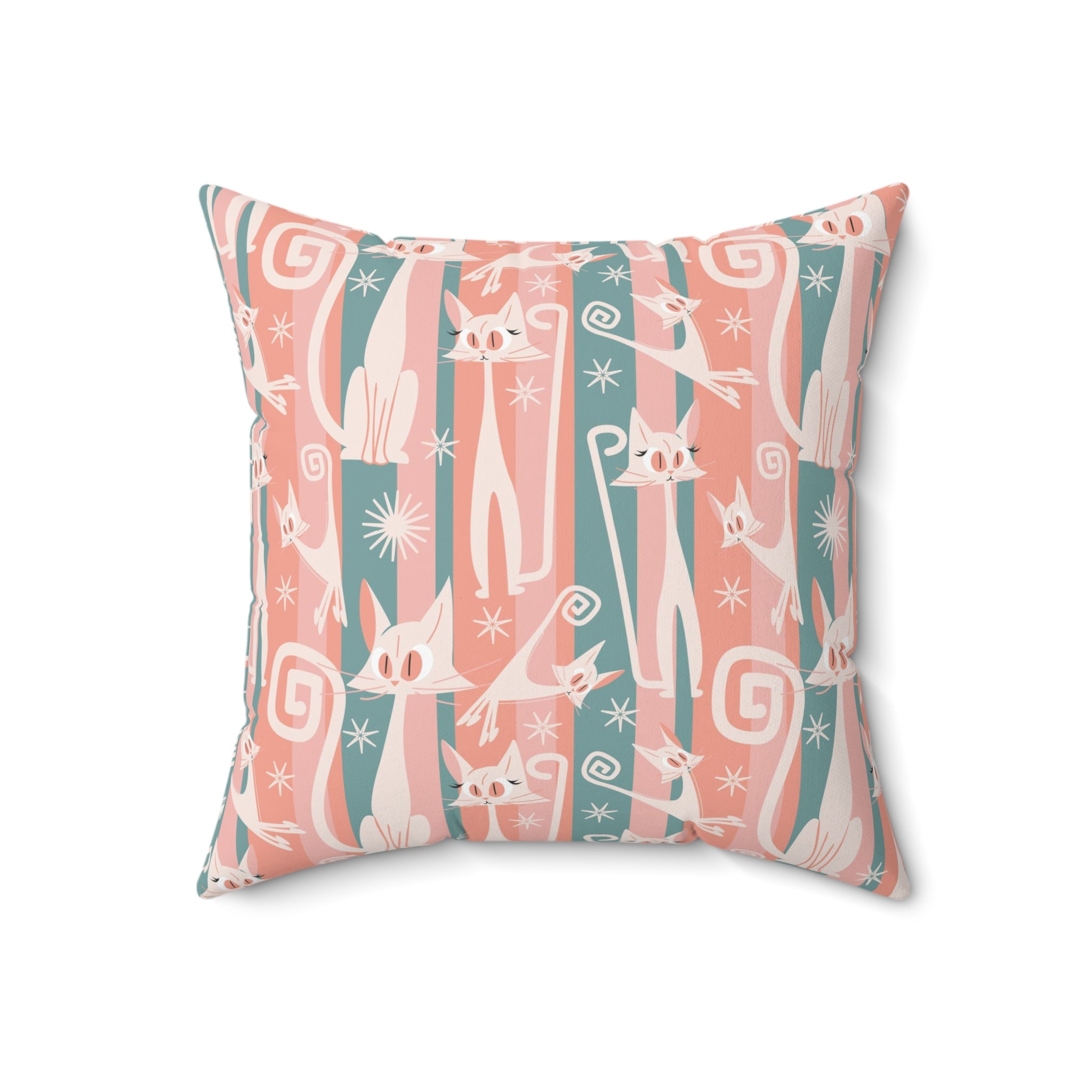 Atomic Cat Coral Pink And Aqua, Kitschy White Kitty Cat, Mid Century Modern Pillow And Insert - Mid Century Modern Gal