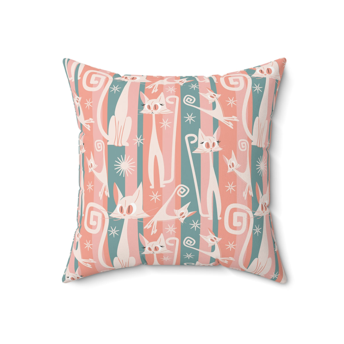 Atomic Cat Coral Pink And Aqua, Kitschy White Kitty Cat, Mid Century Modern Pillow And Insert - Mid Century Modern Gal