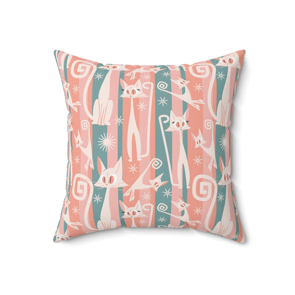 Atomic Cat Coral Pink And Aqua, Kitschy White Kitty Cat, Mid Century Modern Pillow And Insert