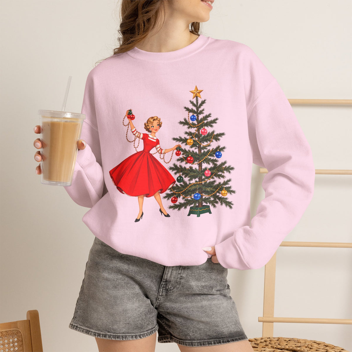 Mid Century Modern Gal Decorating Christmas Tree Unisex Heavy Blend™ Crewneck Sweatshirt - Mid Century Modern Gal