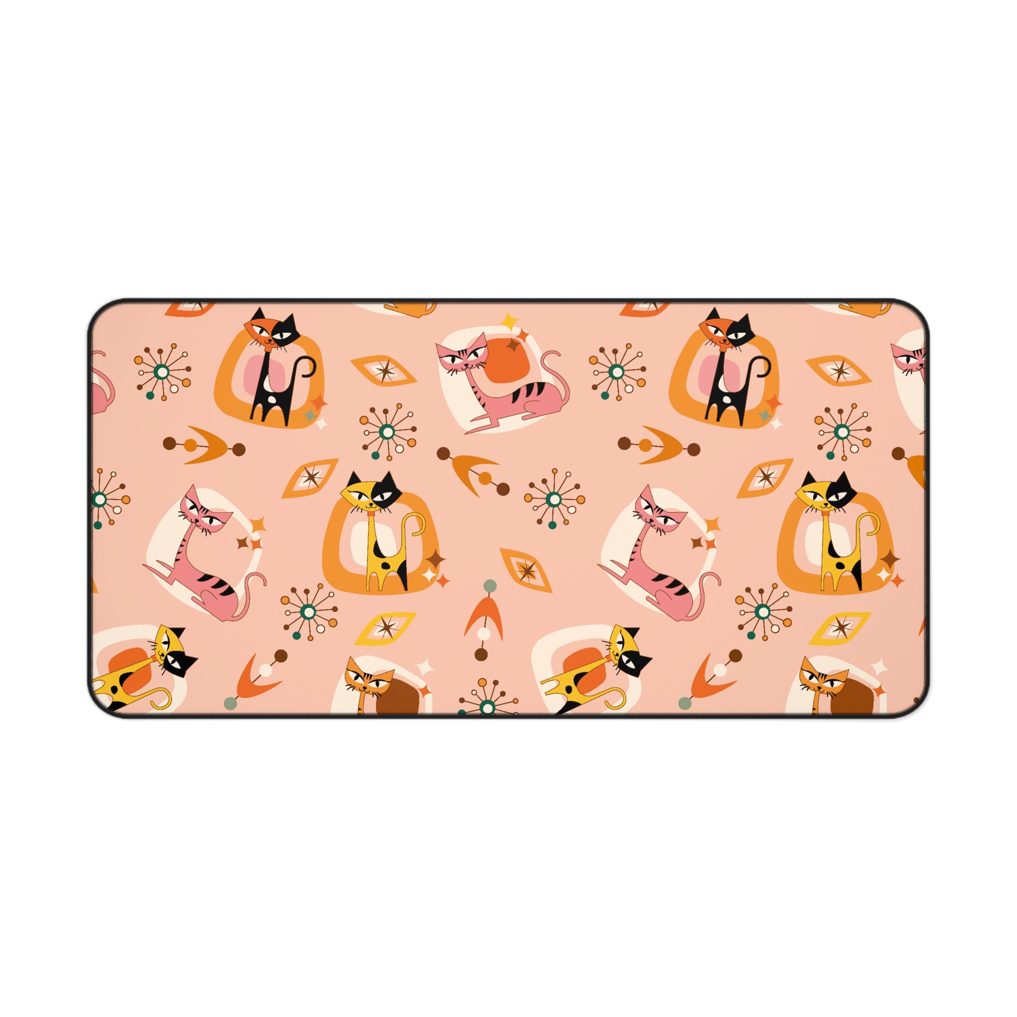 Atomic Cat Desk Mat, Mid Century Modern Office Kitschy Coral Cute Kitties Office Decor - Mid Century Modern Gal