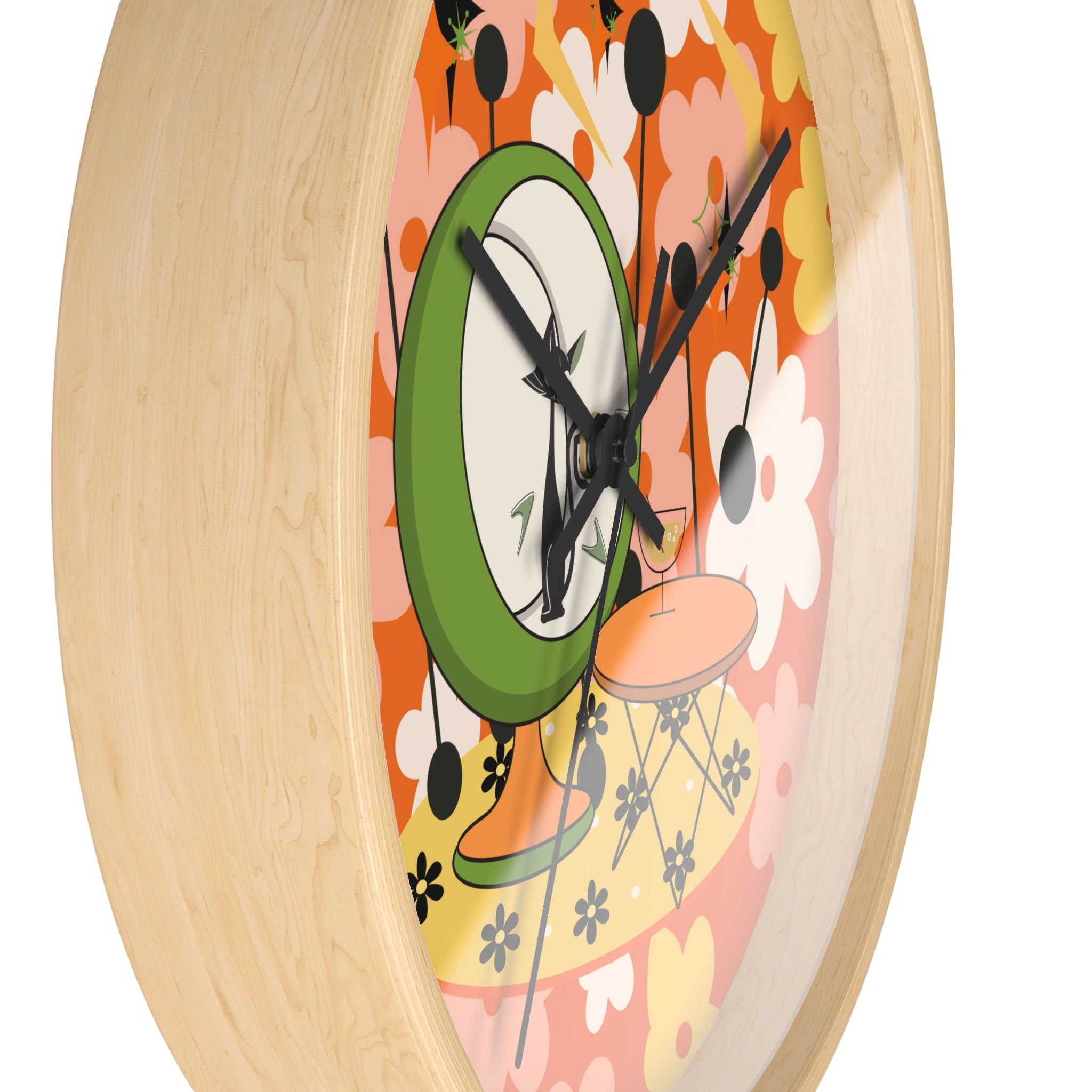 Atomic Cat Mid Century Modern Groovy Retro Floral Cat Wall Clock - Vintage Home Decor - Mid Century Modern Gal