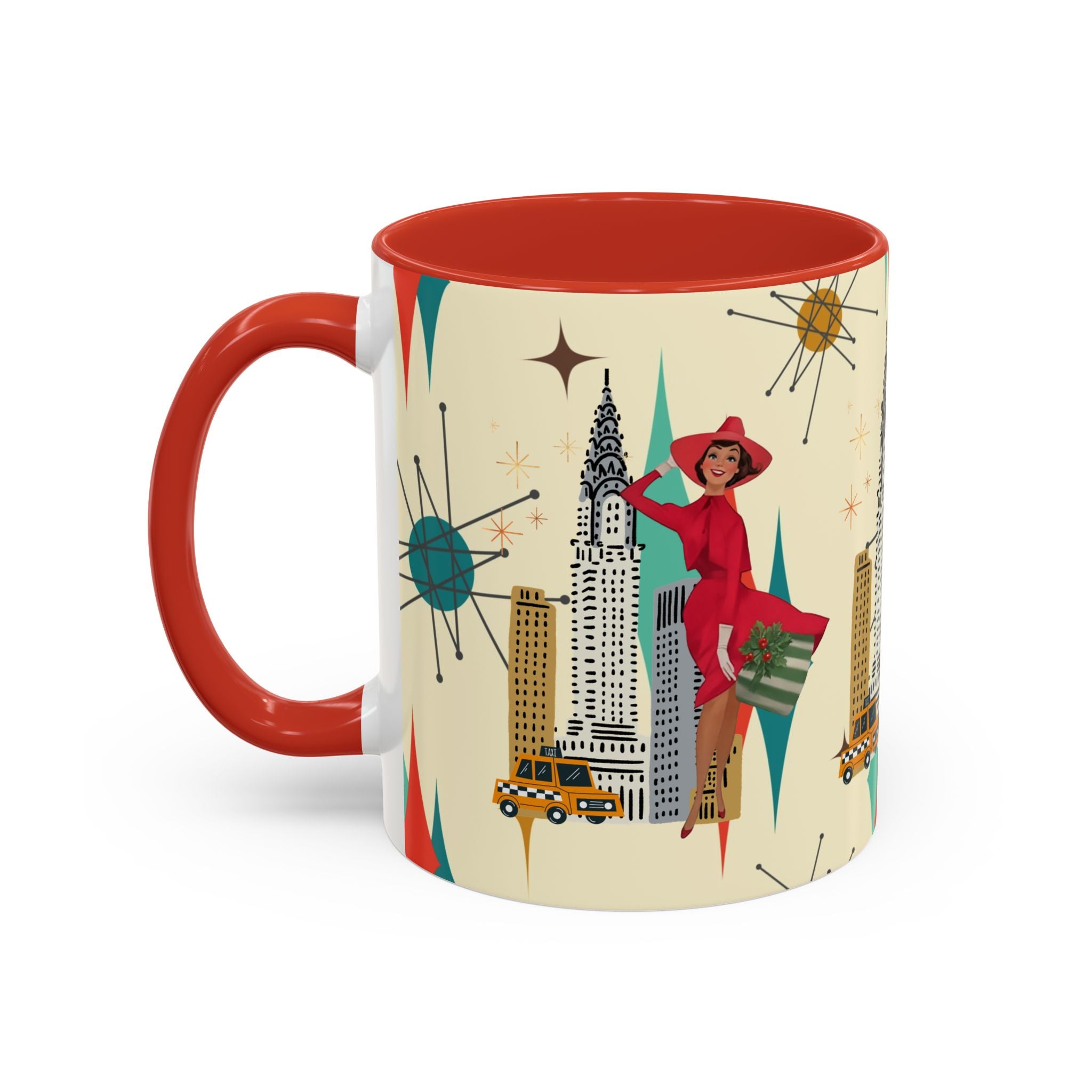 Mid Century Modern Kitschy Christmas Gal, Franciscan Starburst Diamond Retro Chic Accent Coffee Mug - Vintage Cityscape Design - Mid Century Modern Gal