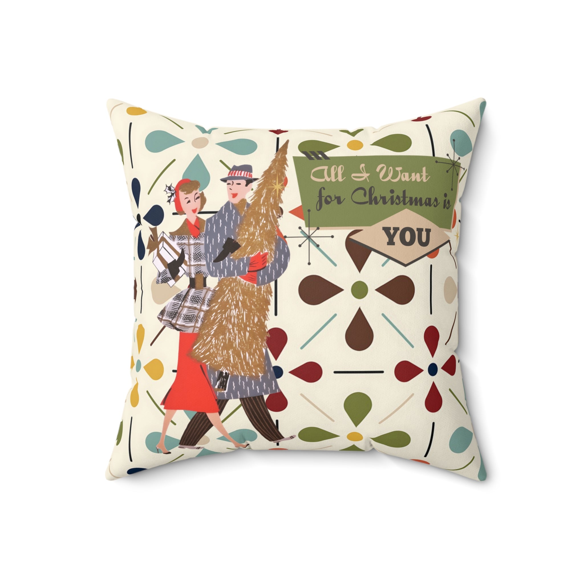 All I Want for Christmas Is You Vintage 50s Kitsch Couple Holiday Decorative Pillow - Mid Century Modern Gal
