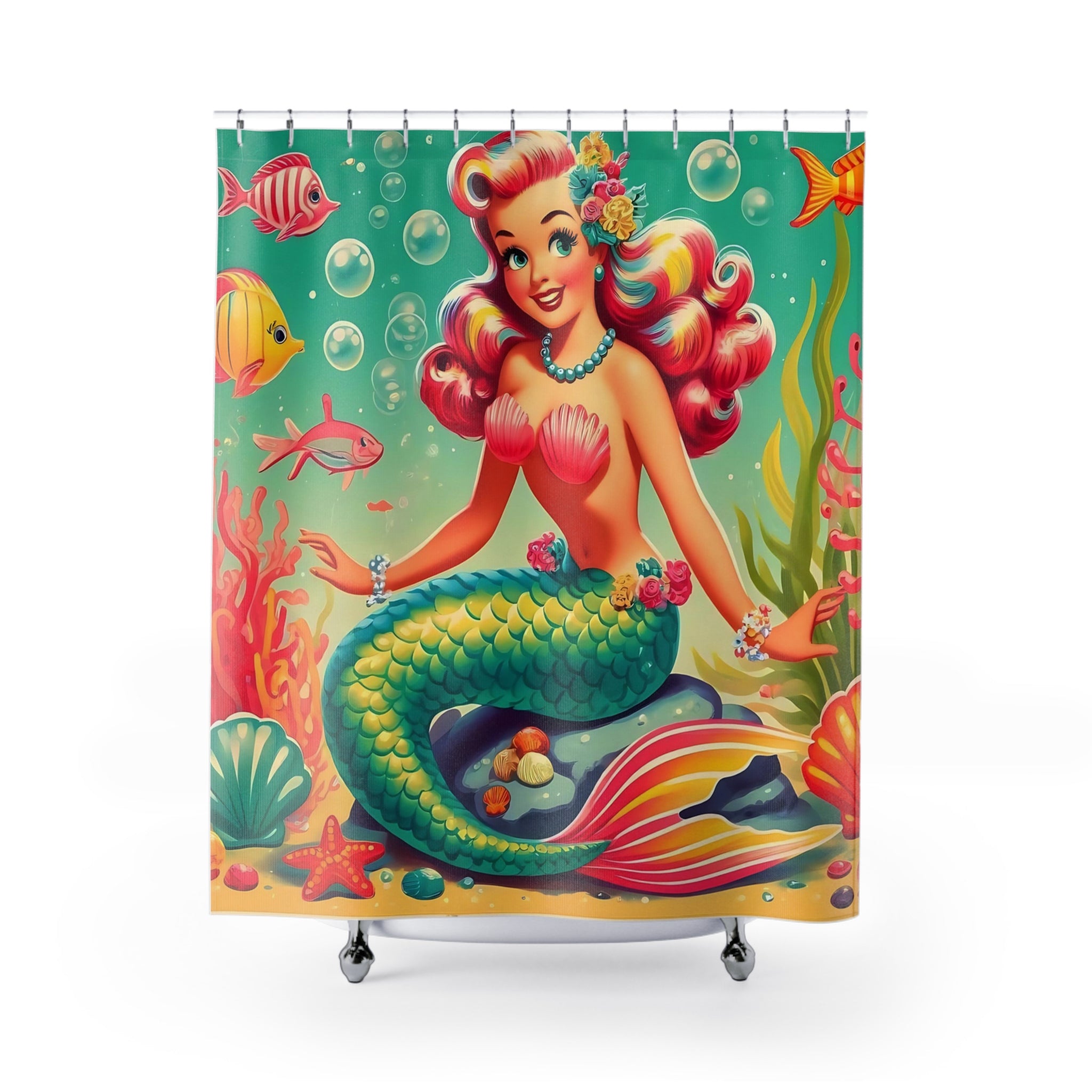 Whimsical Mermaid, Kitschy 50s Colorful Fun MCM Shower Curtain - Mid Century Modern Gal
