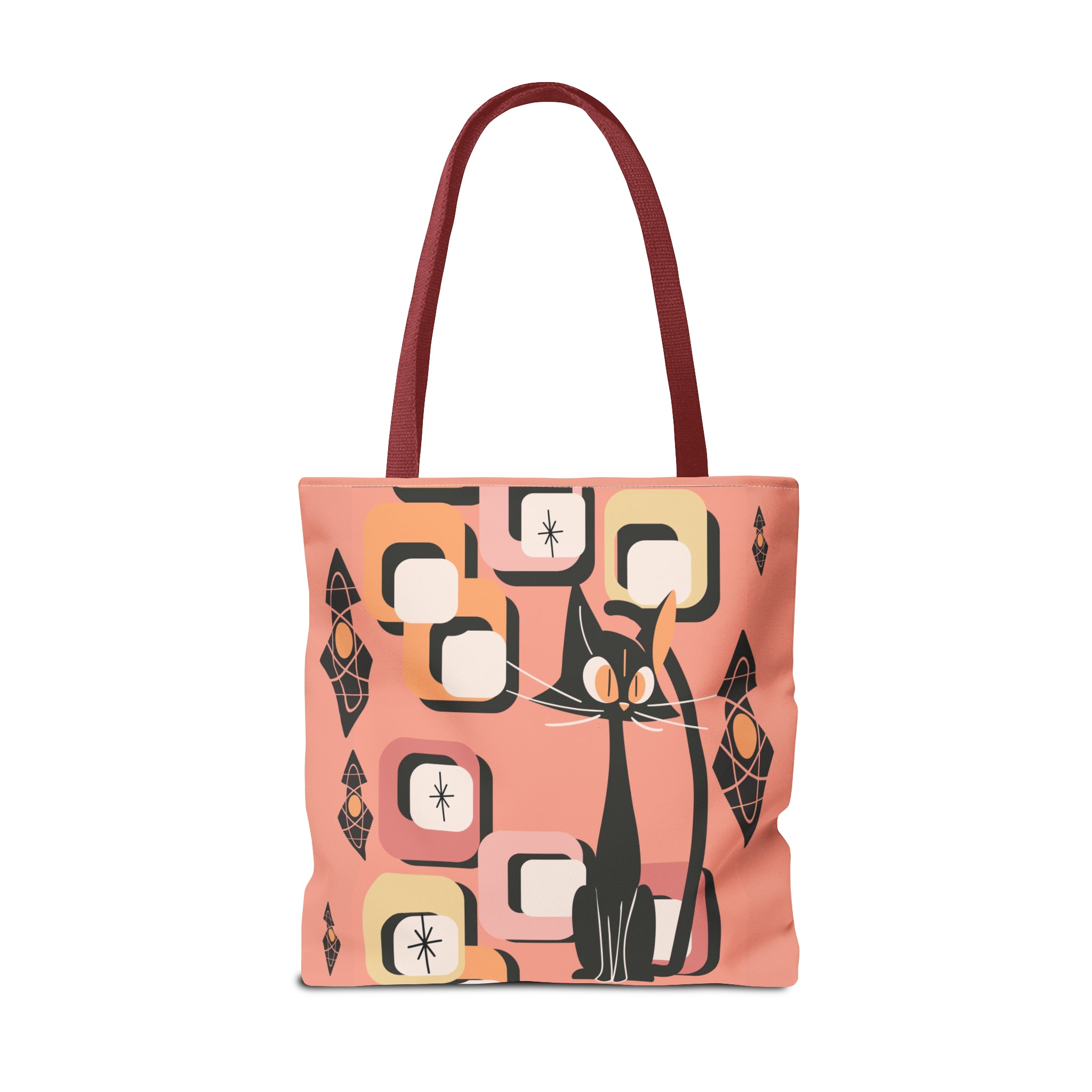 Atomic Cat Tote Bag, Coral Color, Mid Century Modern Geometric Designs, Mid Mod Retro Apparel - Mid Century Modern Gal