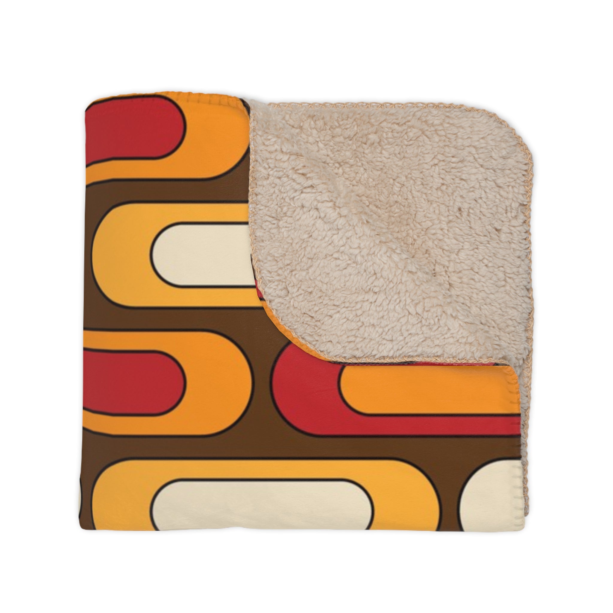 Mid Century Modern Blanket, Geometric Brown, Mustard Yellow, Burnt Red Cozy Retro Tan Sherpa Blanket - Mid Century Modern Gal