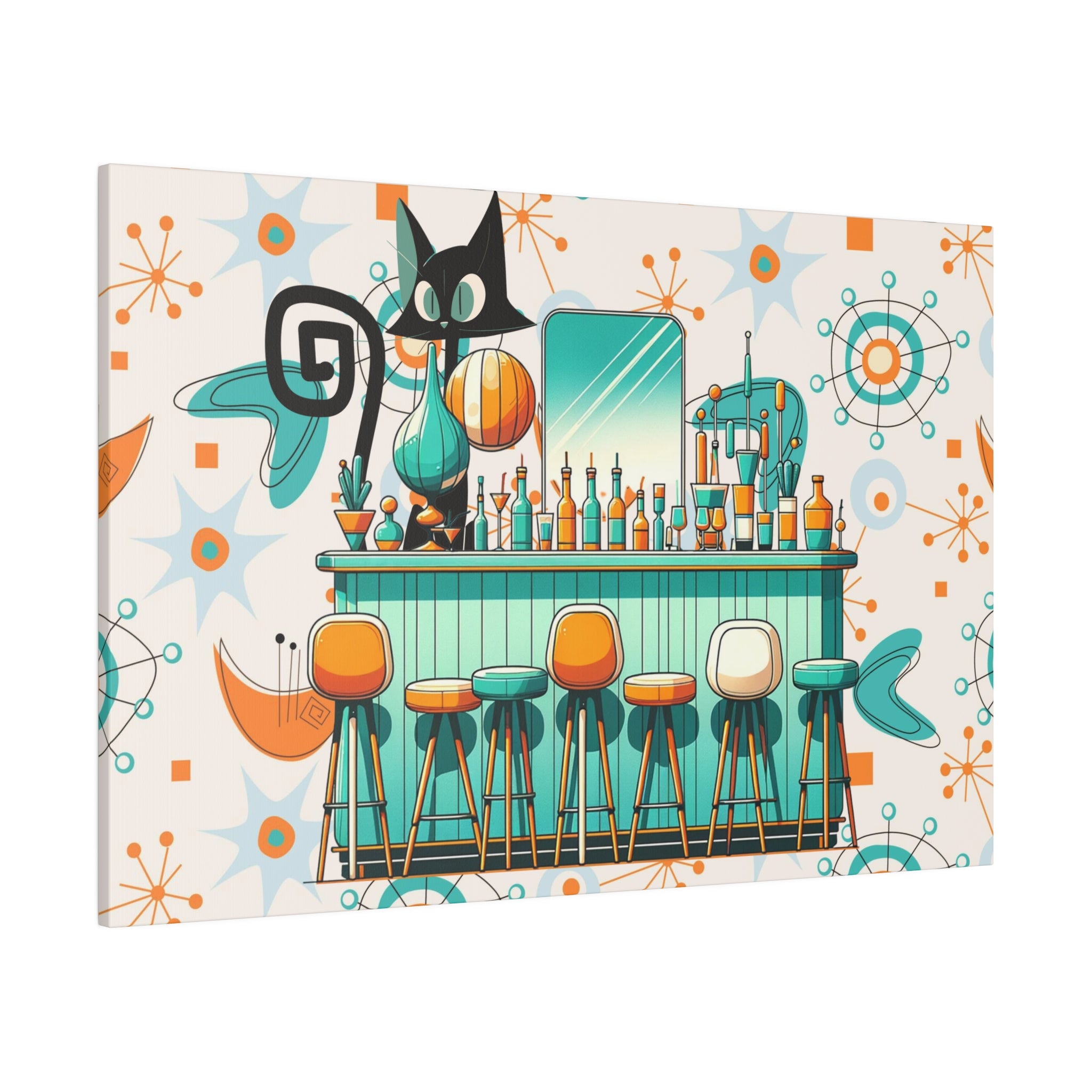 Atomic Cat, Mid Century Modern Kitschy Bar, Orange, Teal Mid Century Modern Wall Art - Mid Century Modern Gal