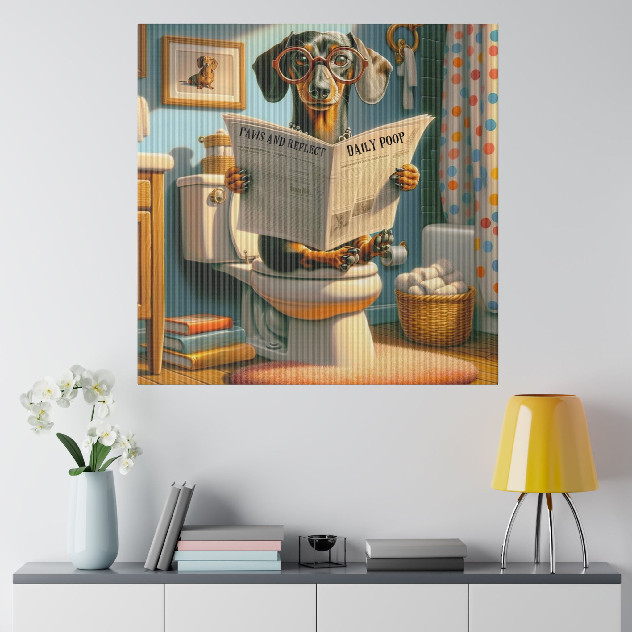 Funny Dog Bathroom Wall Art, Doxie Dachshund Dog Bathroom Humor, Retro Wall Art Canvas - Mid Century Modern Gal