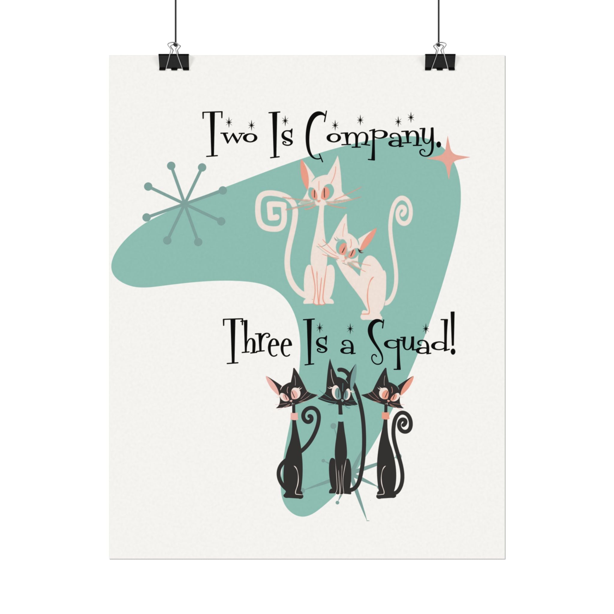 Atomic Cat Office Poster, Mid Mod Kitschy Cute Squad Cats-Themed Art Poster - Mid Century Modern Gal