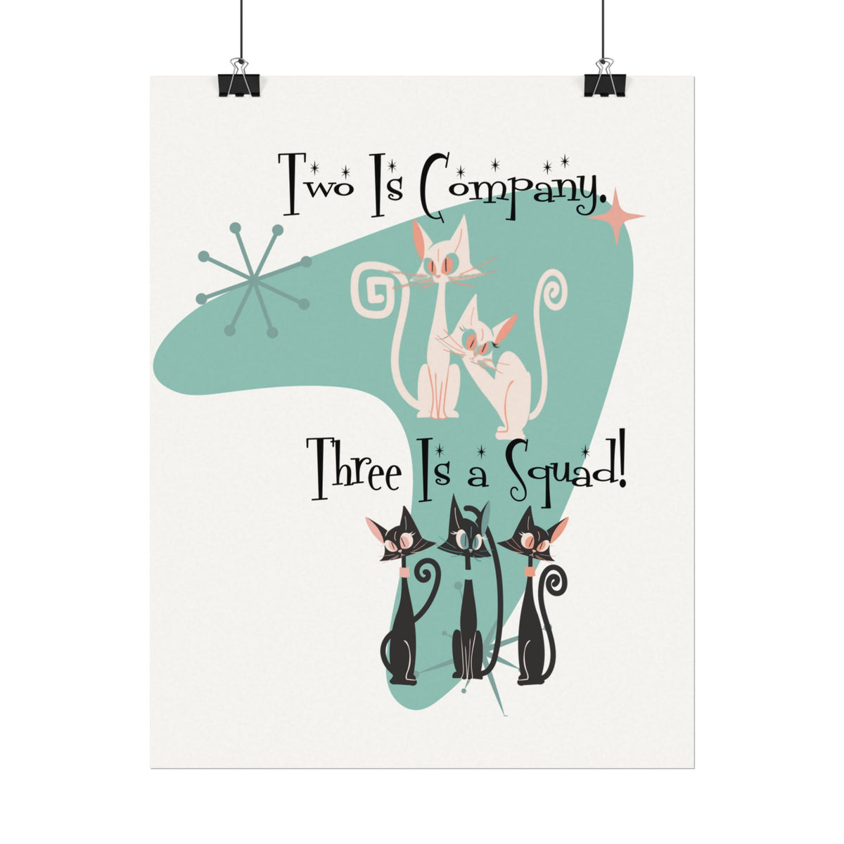 Atomic Cat Office Poster, Mid Mod Kitschy Cute Squad Cats-Themed Art Poster - Mid Century Modern Gal