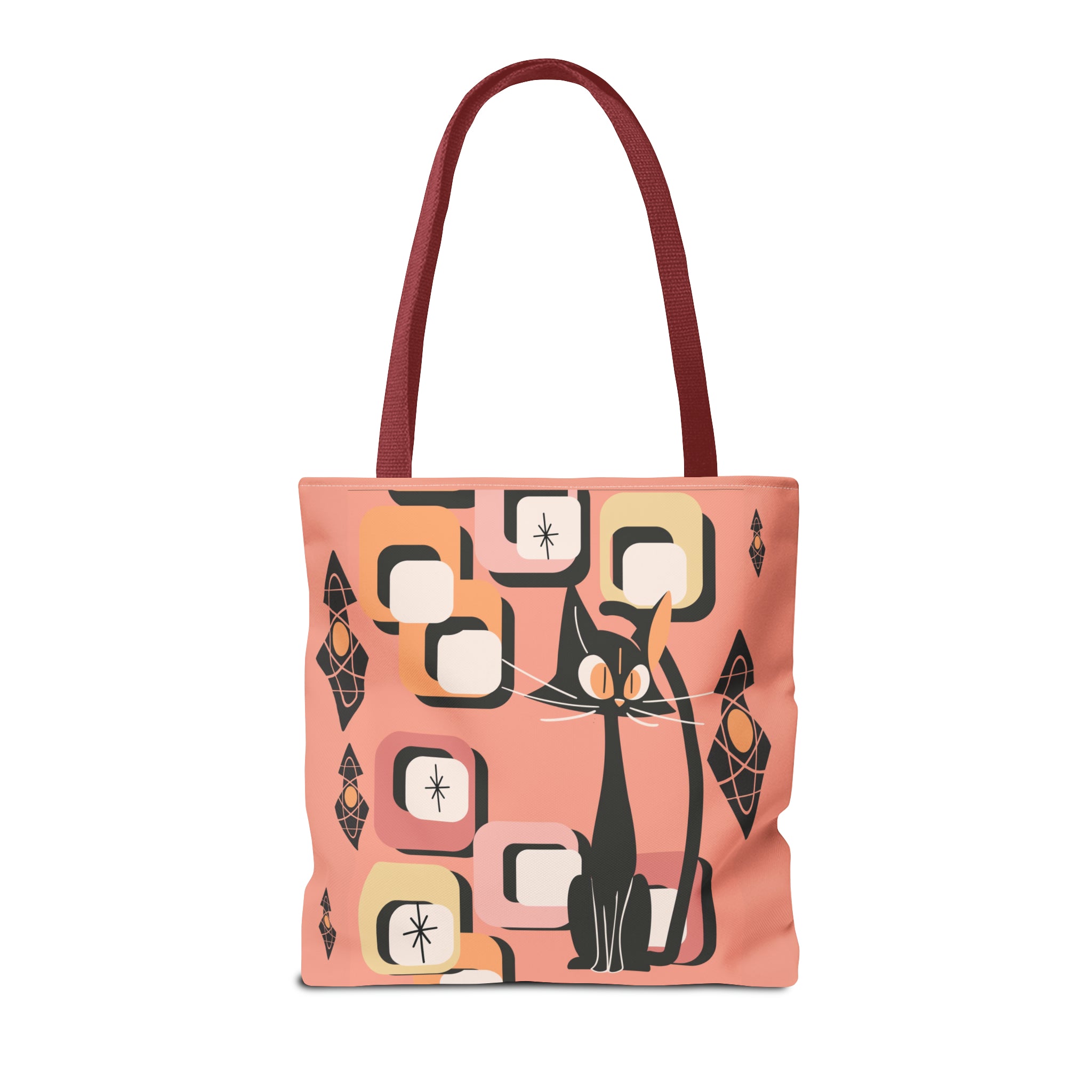Atomic Cat Tote Bag, Coral Color, Mid Century Modern Geometric Designs, Mid Mod Retro Apparel - Mid Century Modern Gal