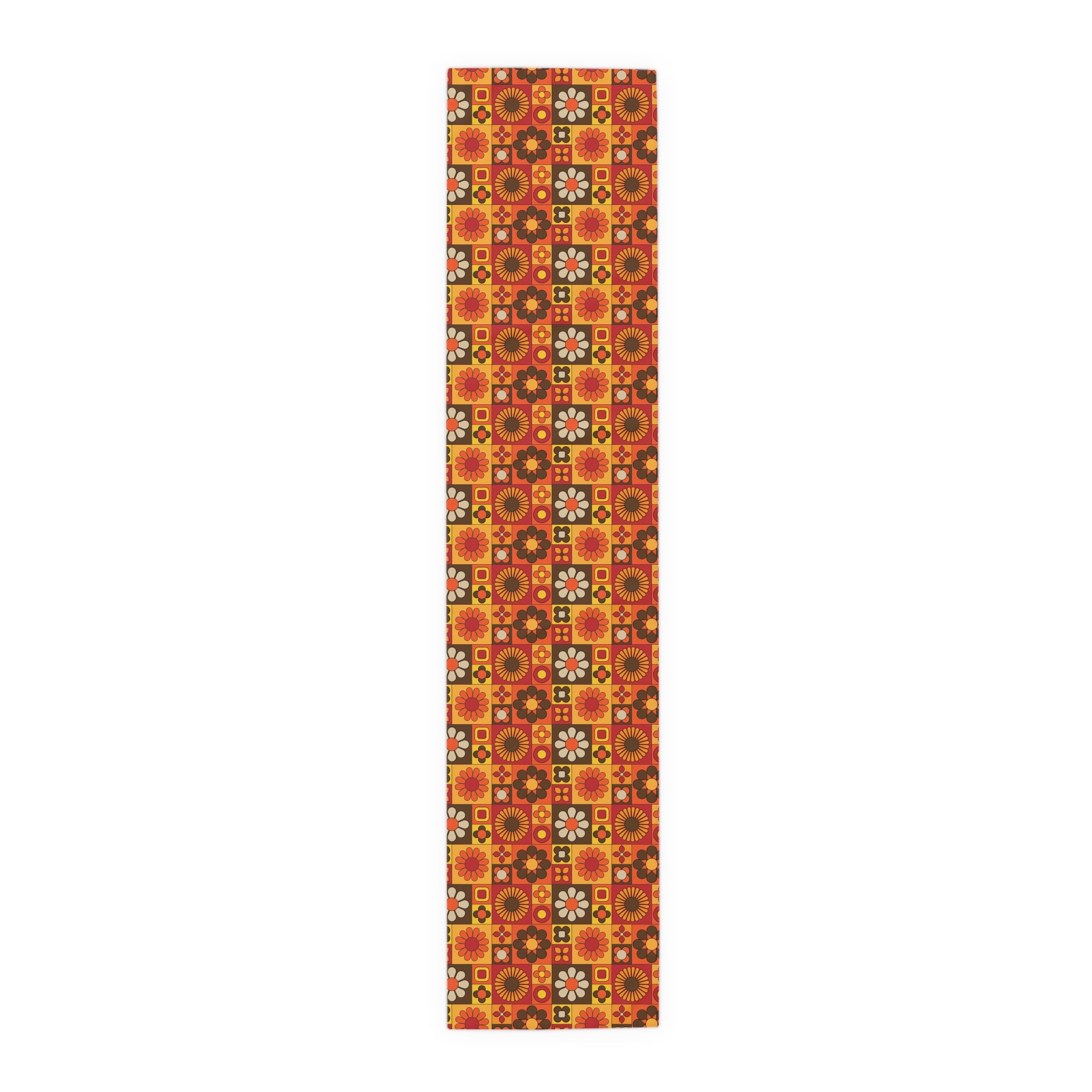 Retro Flower Power Patchwork Groovy Mod Brown Orange Yellow MCM 70s Table Runner - Mid Century Modern Gal